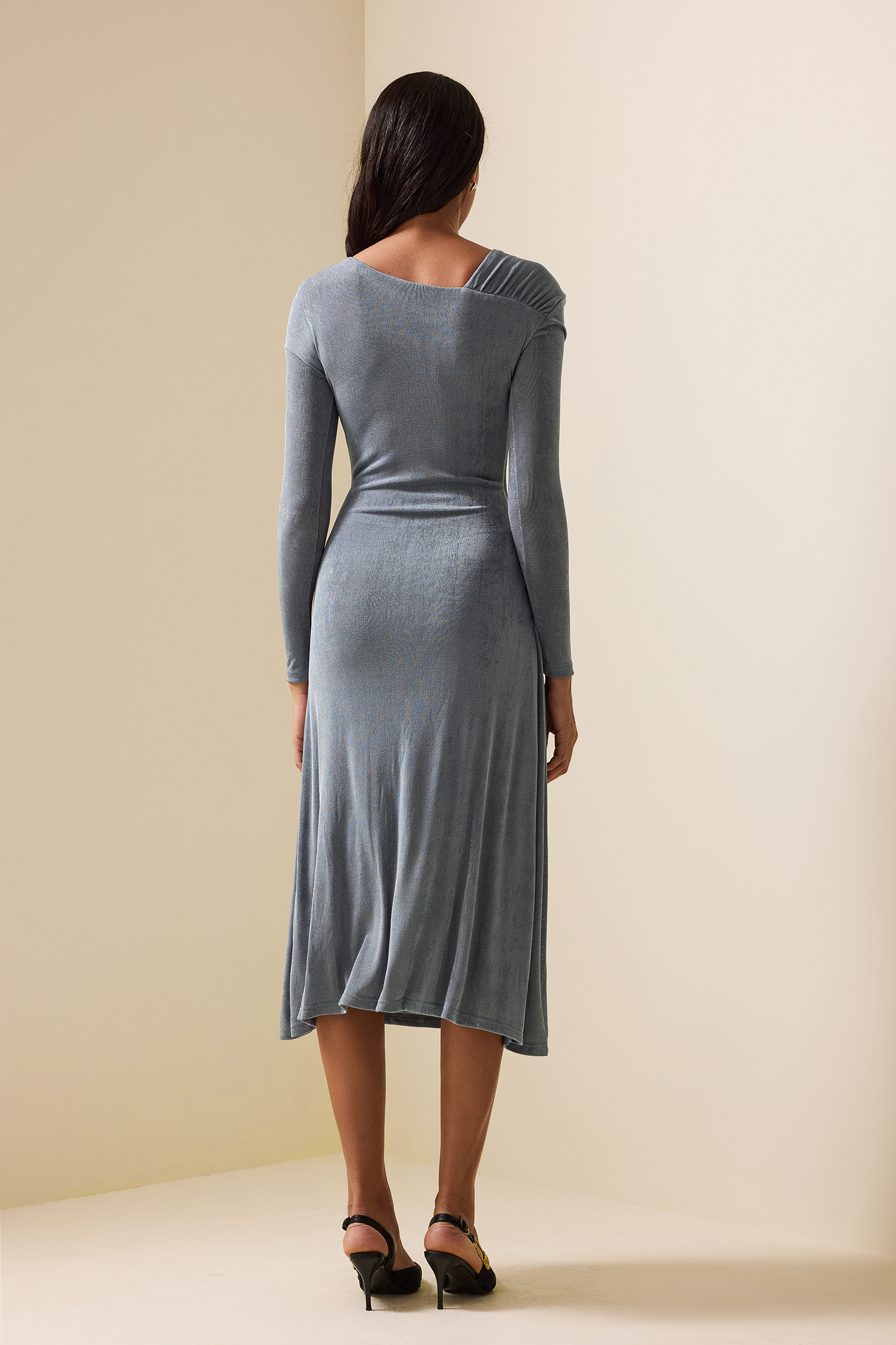 Jersey Solid Ruched Long Sleeve Midi Dress Blue