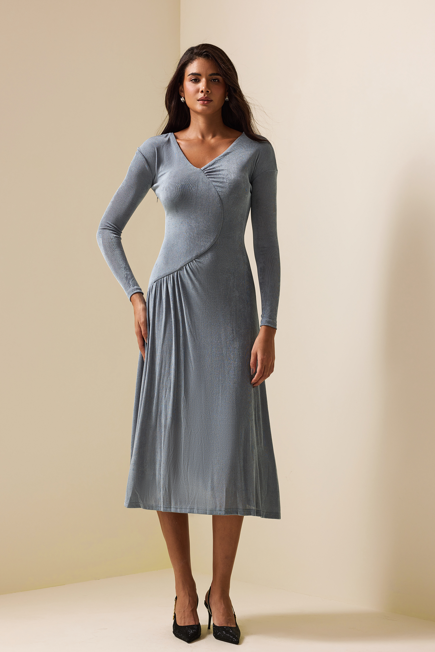Jersey Solid Ruched Long Sleeve Midi Dress Blue