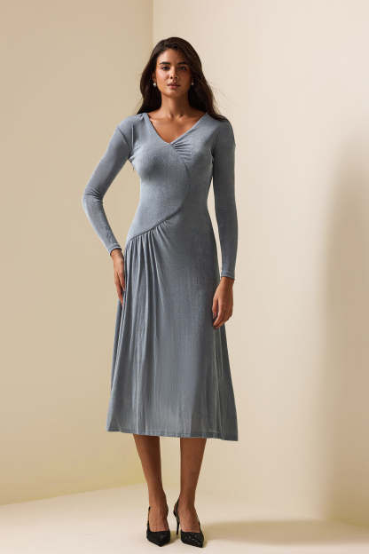 Jersey Solid Ruched Long Sleeve Midi Dress Blue