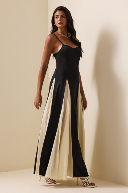 Contrast Color Sweetheart Neck Sleeveless Midi Dress