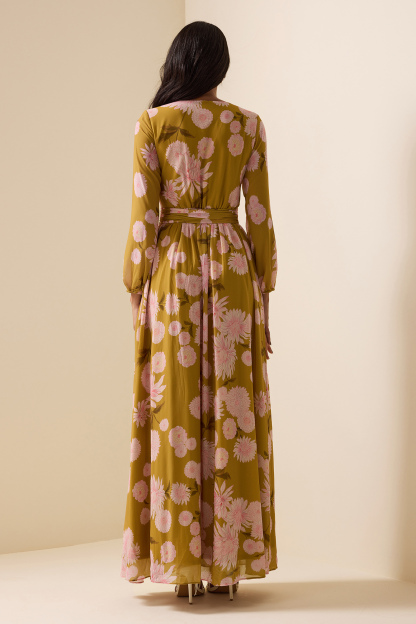 Floral Lace Up Puff Sleeve Maxi Dress