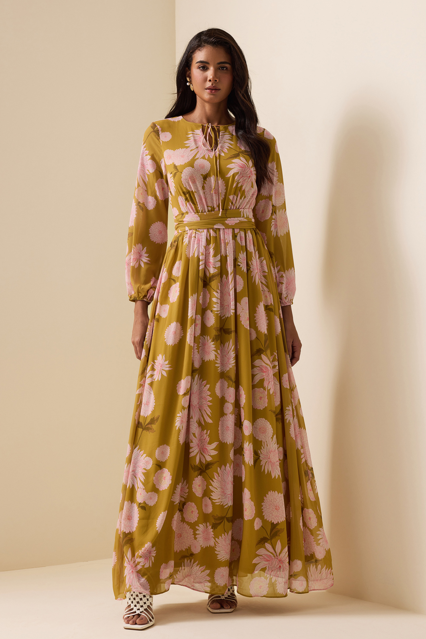 Floral Lace Up Puff Sleeve Maxi Dress