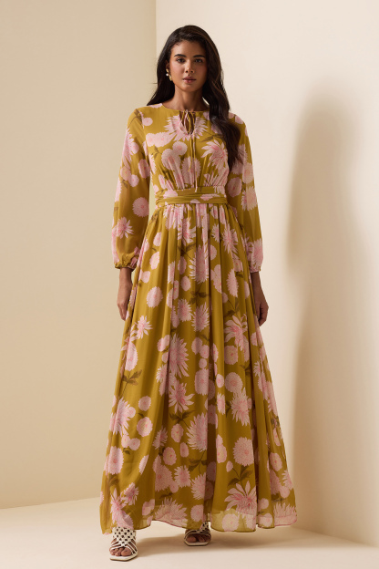 Floral Lace Up Puff Sleeve Maxi Dress