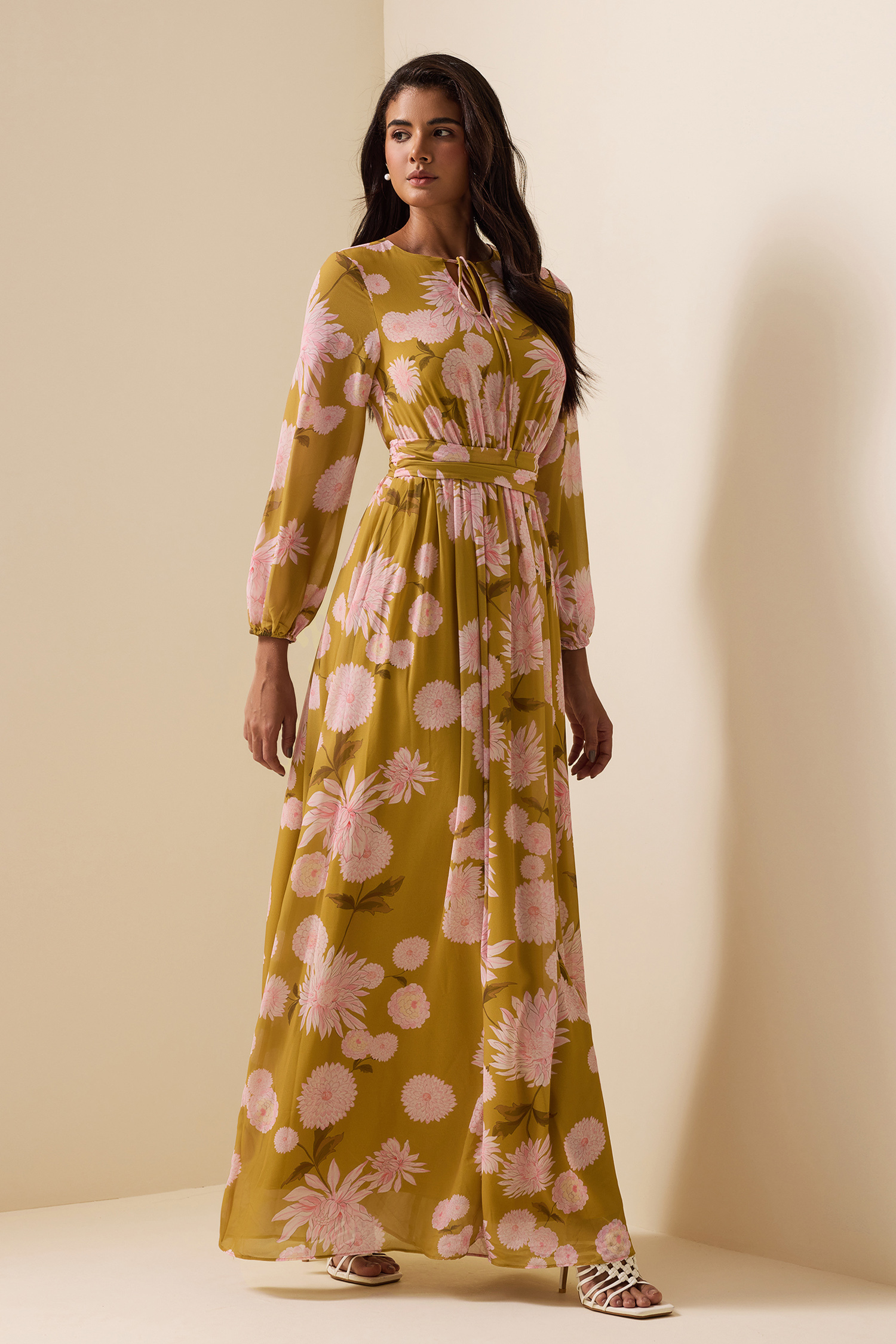 Floral Lace Up Puff Sleeve Maxi Dress