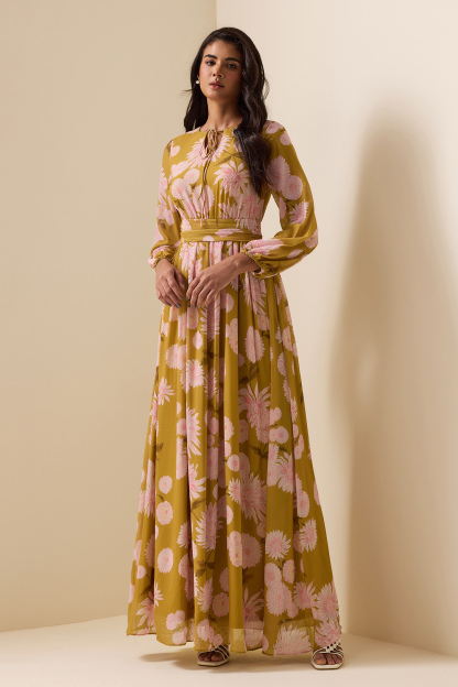 Floral Lace Up Puff Sleeve Maxi Dress