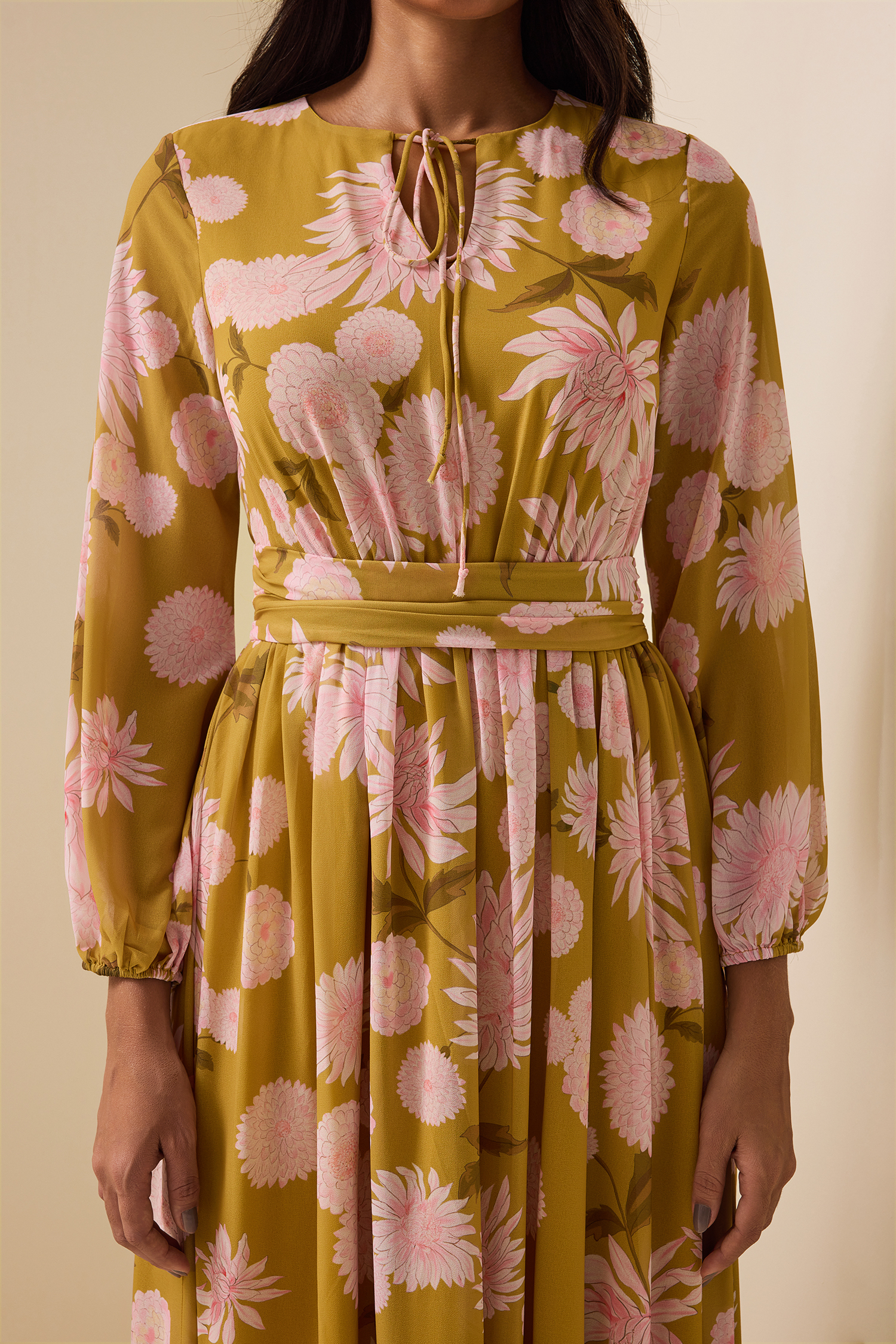 Floral Lace Up Puff Sleeve Maxi Dress