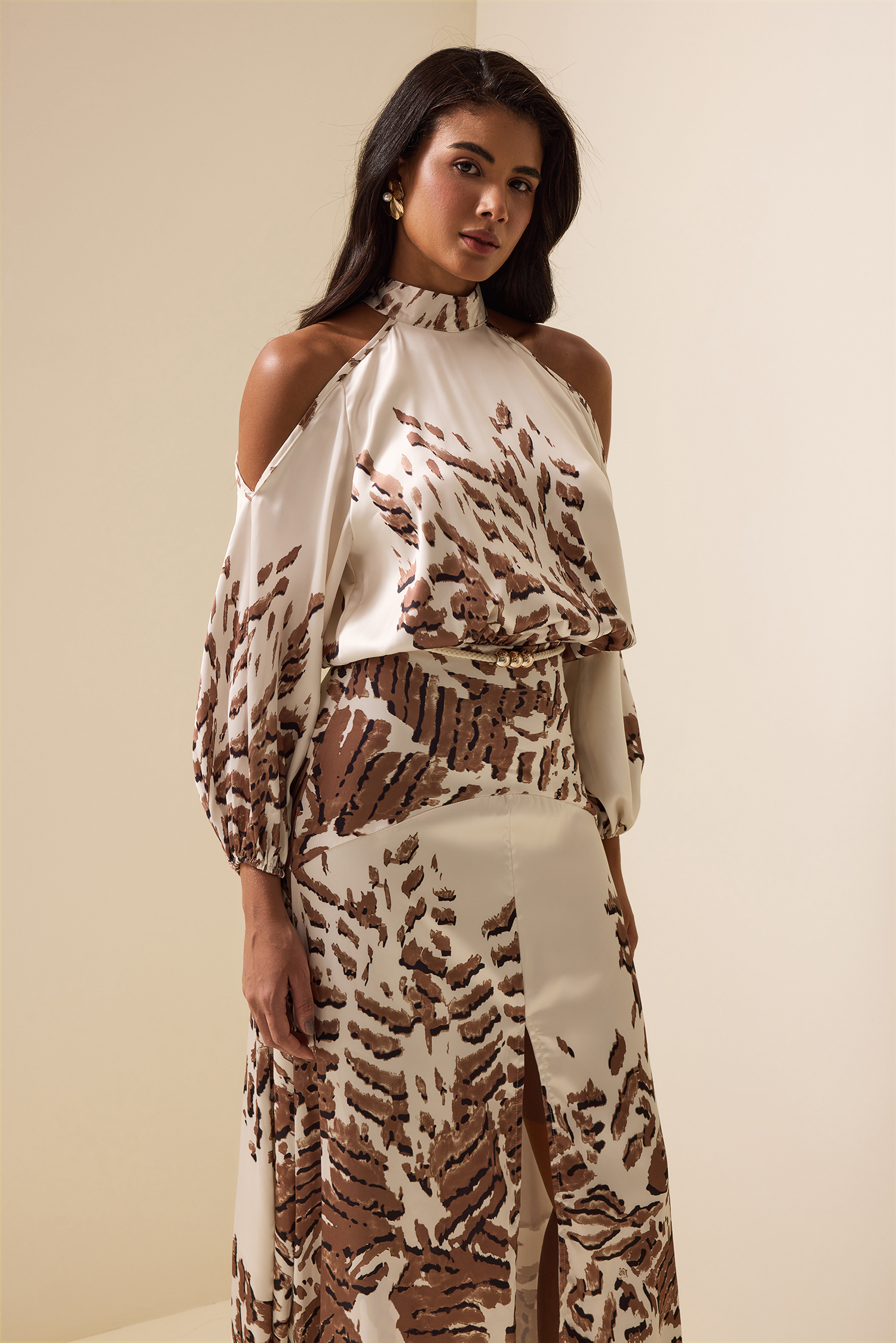 Abstract Print Cut-Out Puff Sleeve Maxi Dress