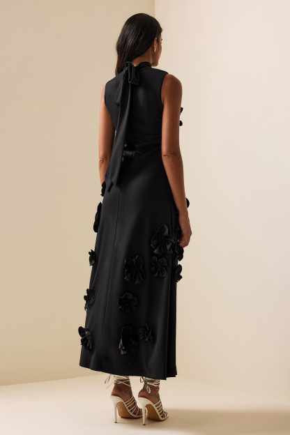 3D Floral High Neck Sleeveless Maxi Dress Black