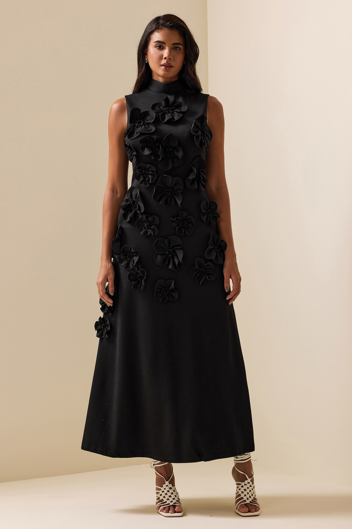 3D Floral High Neck Sleeveless Maxi Dress Black