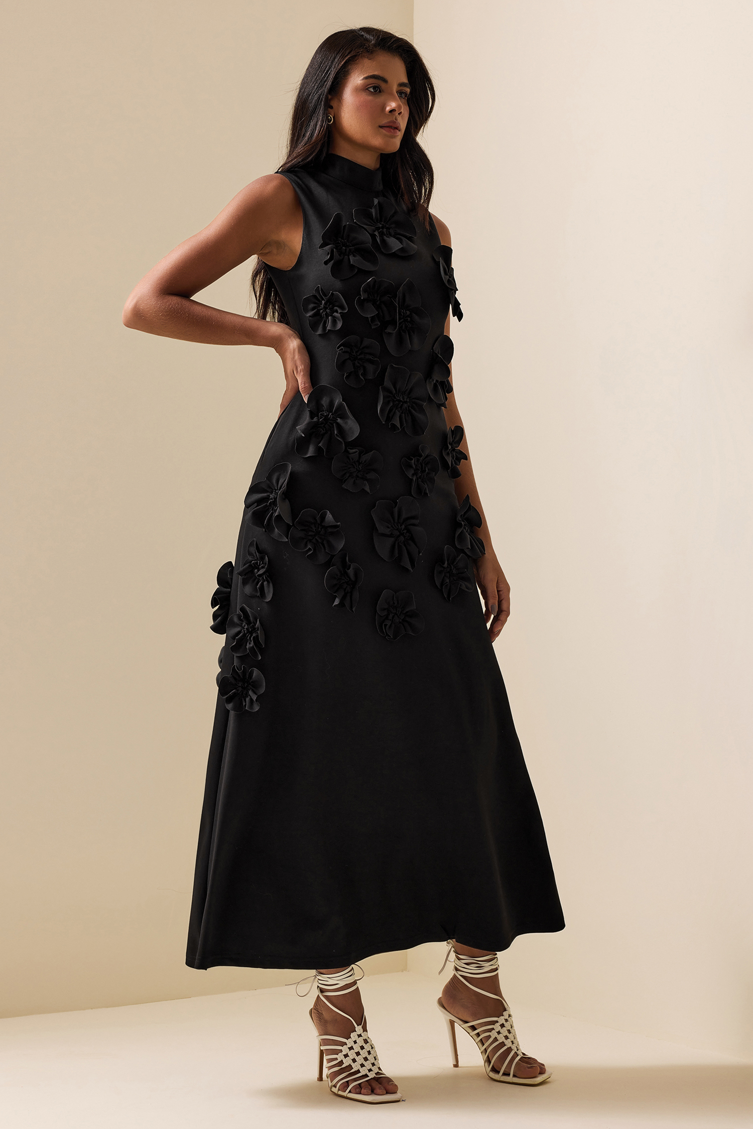 3D Floral High Neck Sleeveless Maxi Dress Black