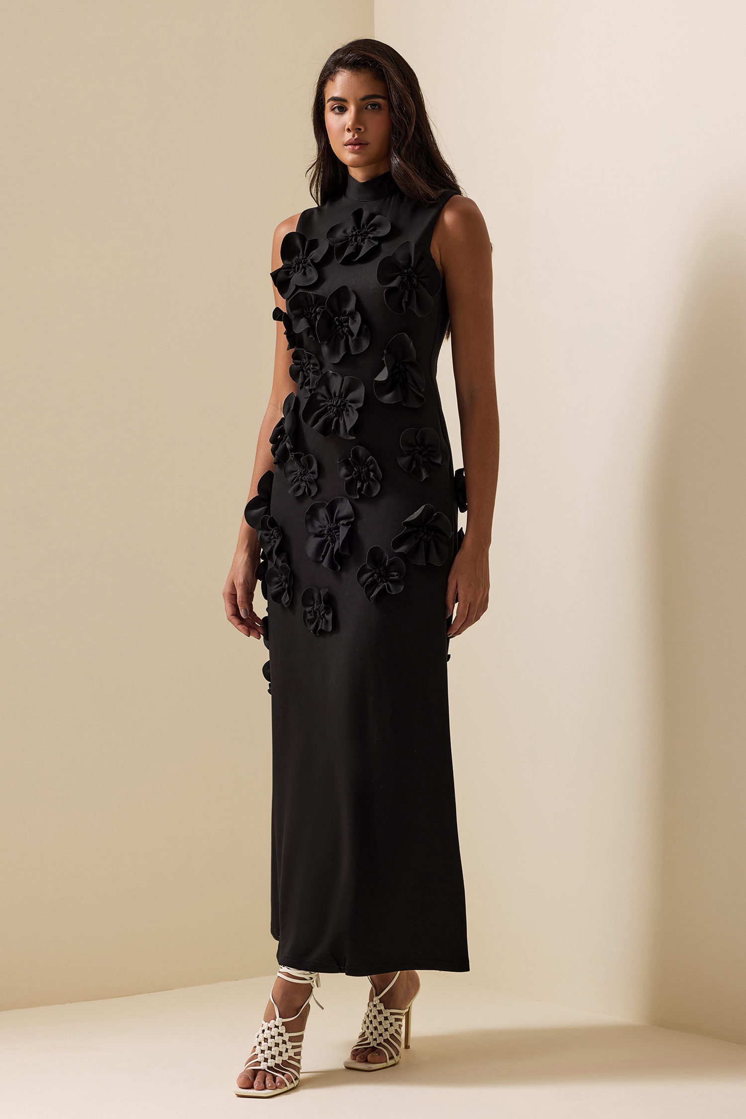 3D Floral High Neck Sleeveless Maxi Dress Black