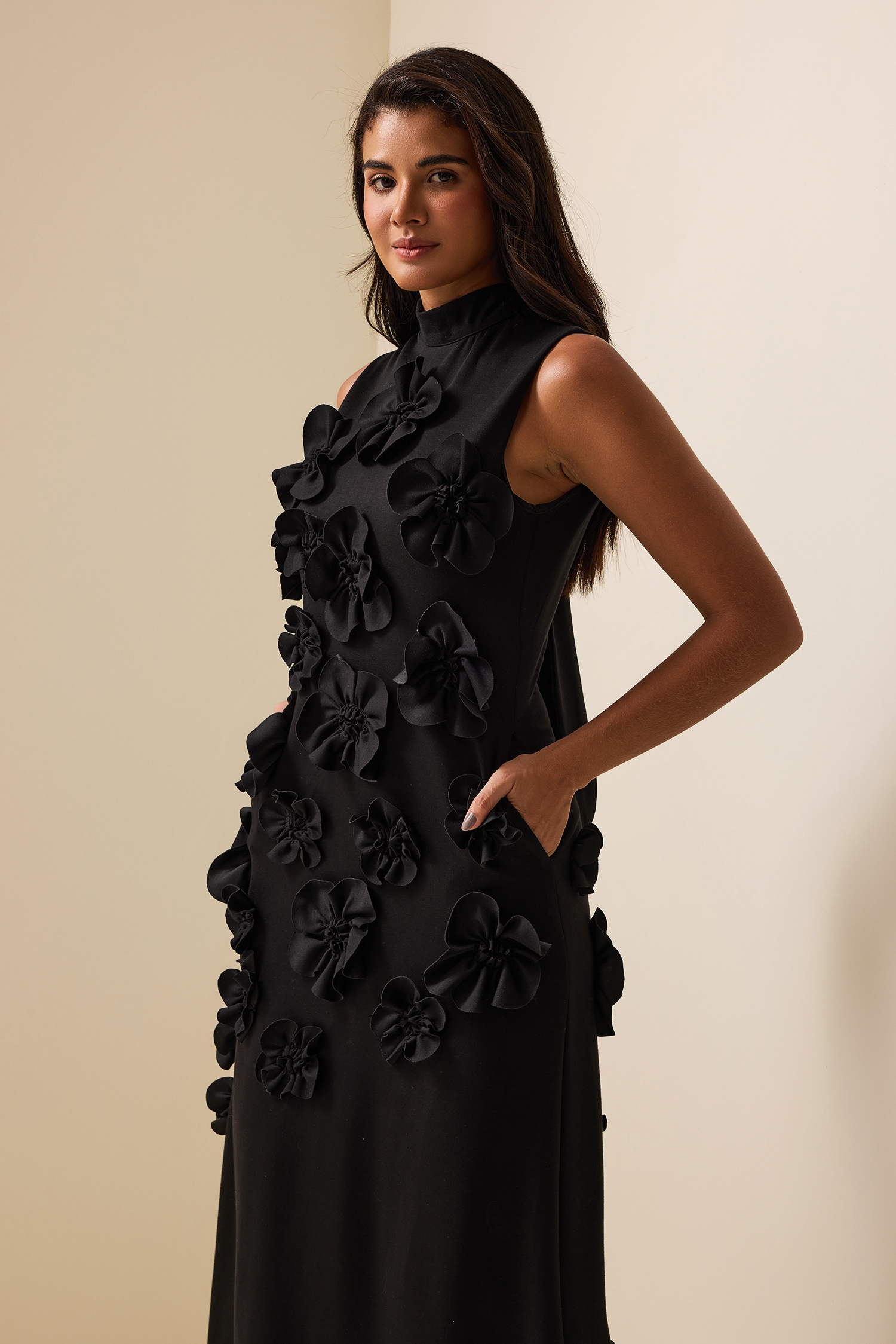 3D Floral High Neck Sleeveless Maxi Dress Black