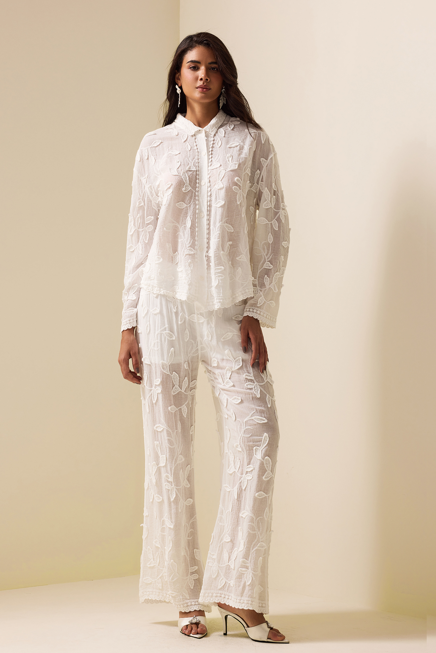 Embroidered Solid Long Sleeve Shirt & Embroidered Solid Pants Set