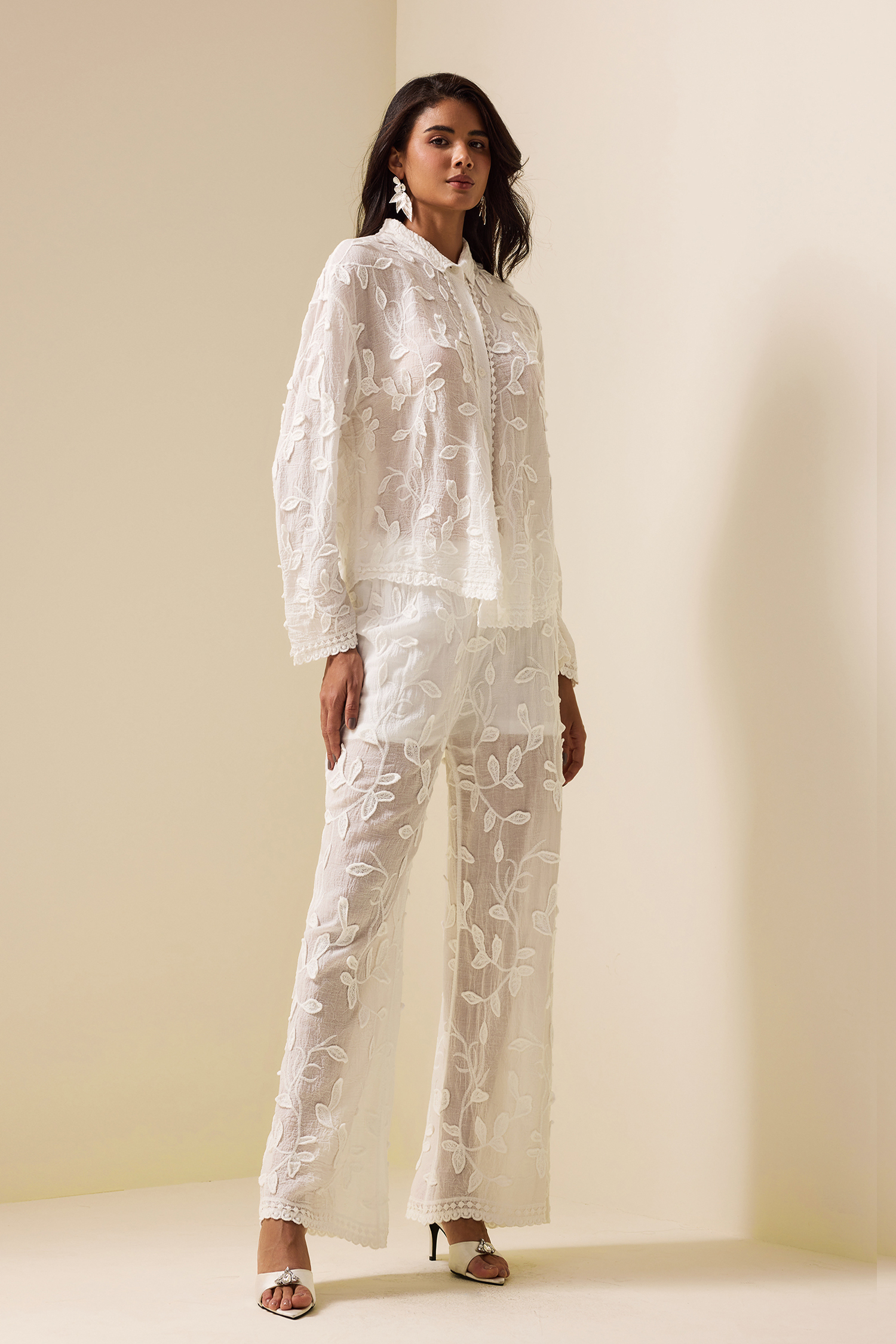 Embroidered Solid Long Sleeve Shirt & Embroidered Solid Pants Set