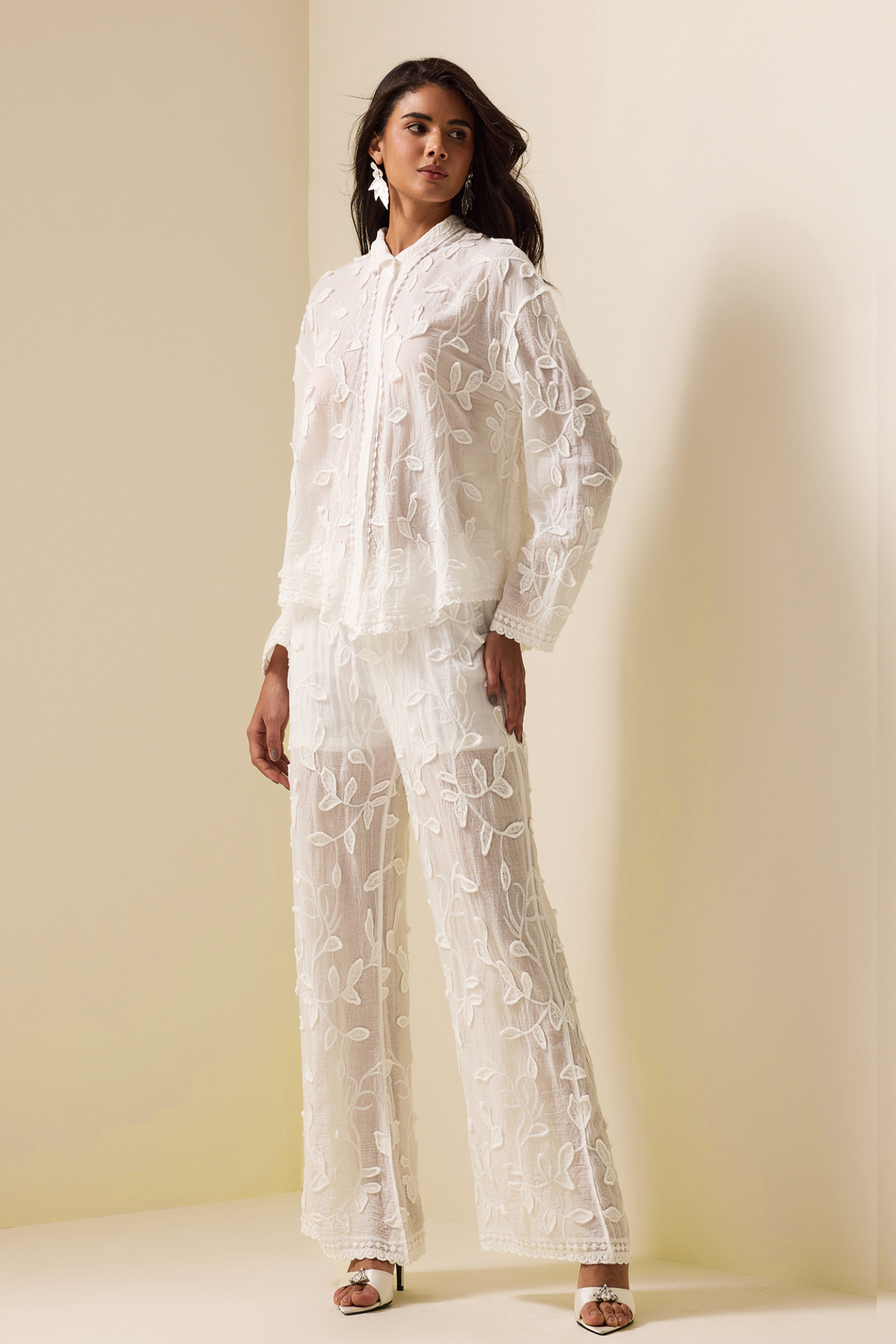 Embroidered Solid Long Sleeve Shirt & Embroidered Solid Pants Set
