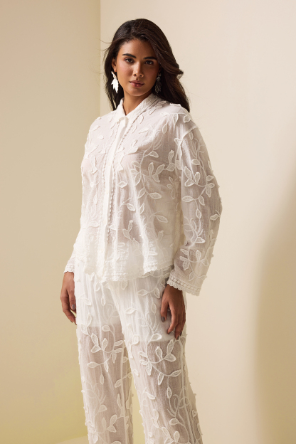 Embroidered Solid Long Sleeve Shirt & Embroidered Solid Pants Set