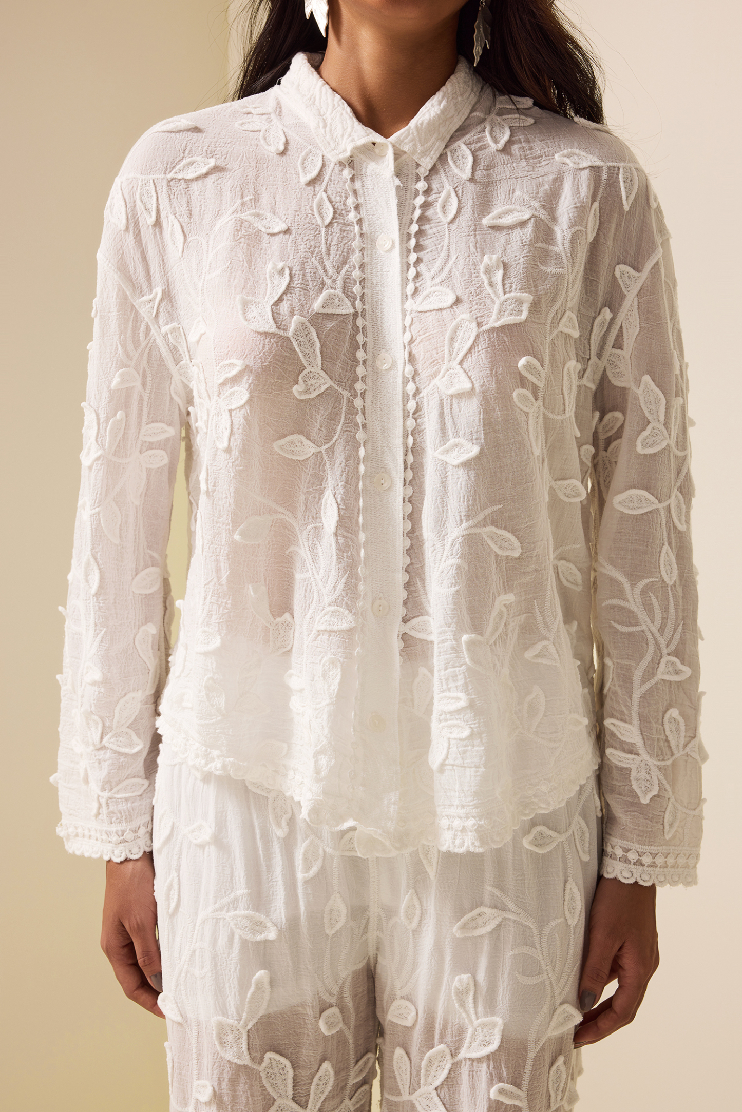 Embroidered Solid Long Sleeve Shirt & Embroidered Solid Pants Set