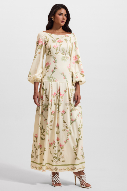 Floral Lantern Sleeve Off-Shoulder Maxi Dress