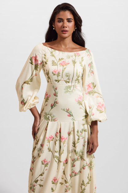 Floral Lantern Sleeve Off-Shoulder Maxi Dress