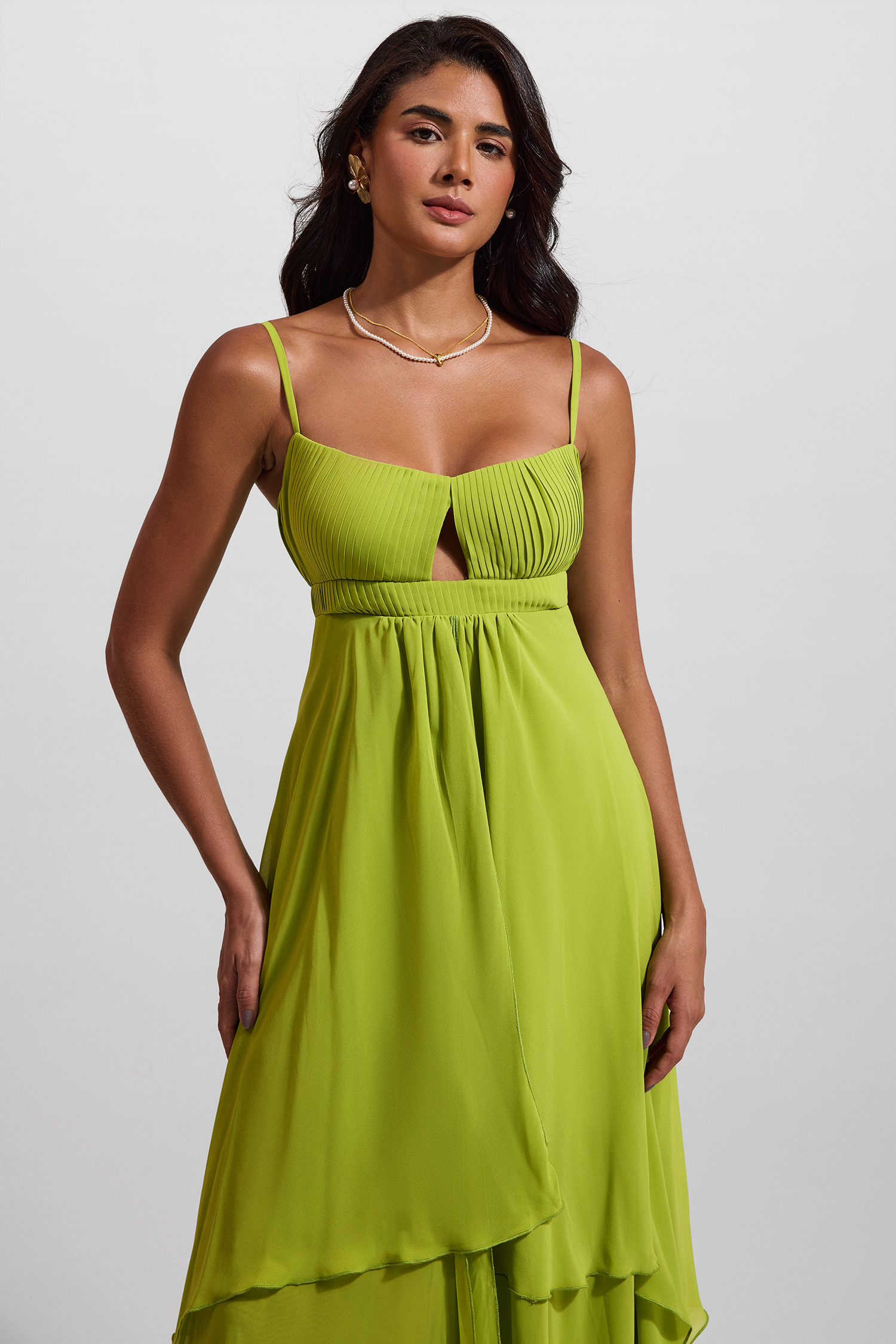 Solid Pleated Cut-Out Maxi Dress