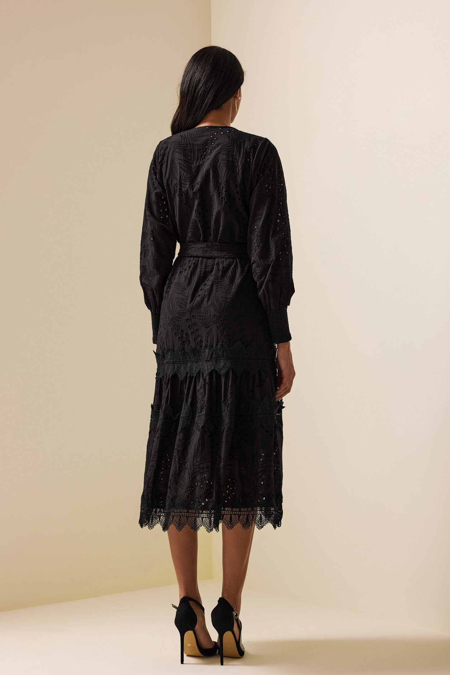 Lace Lantern Sleeve Midi Dress With Belt