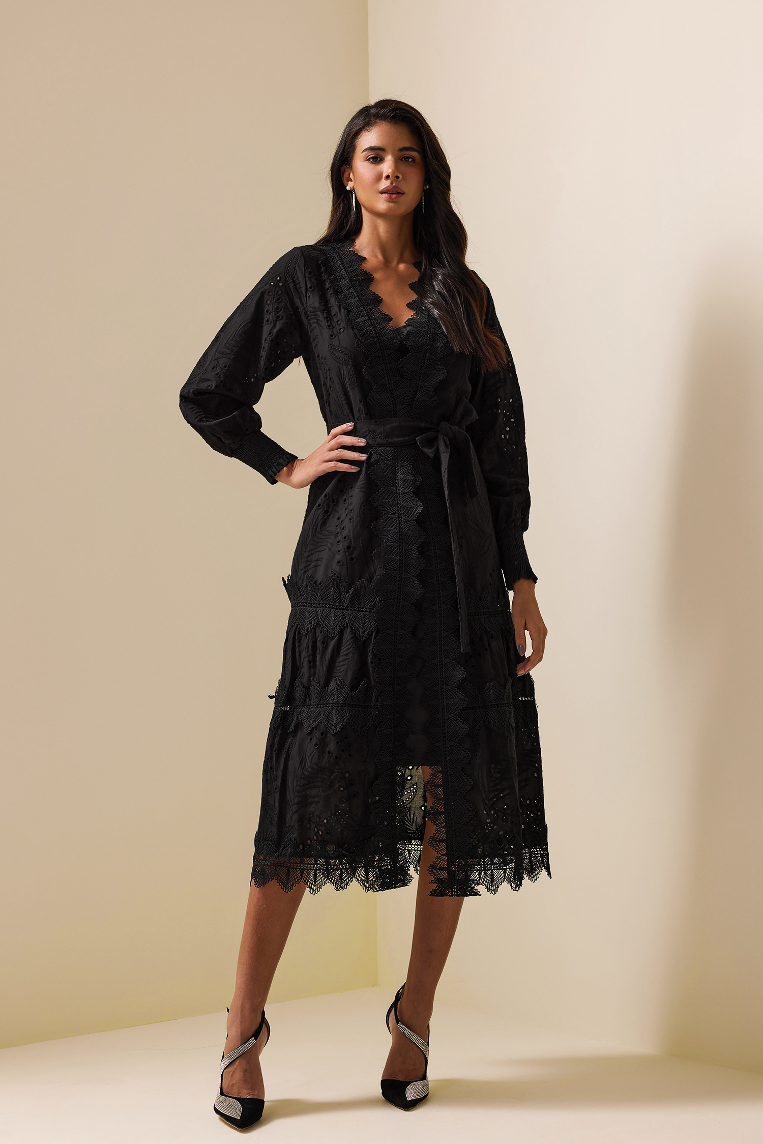 Lace Lantern Sleeve Midi Dress With Belt
