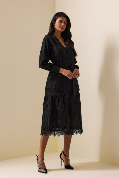 Lace Lantern Sleeve Midi Dress With Belt