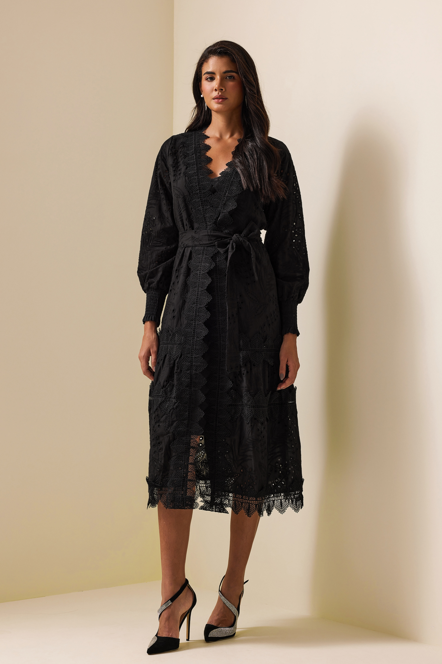 Lace Lantern Sleeve Midi Dress With Belt