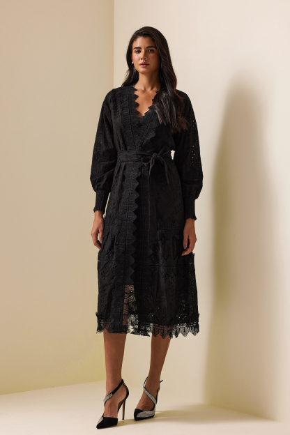 Lace Lantern Sleeve Midi Dress With Belt