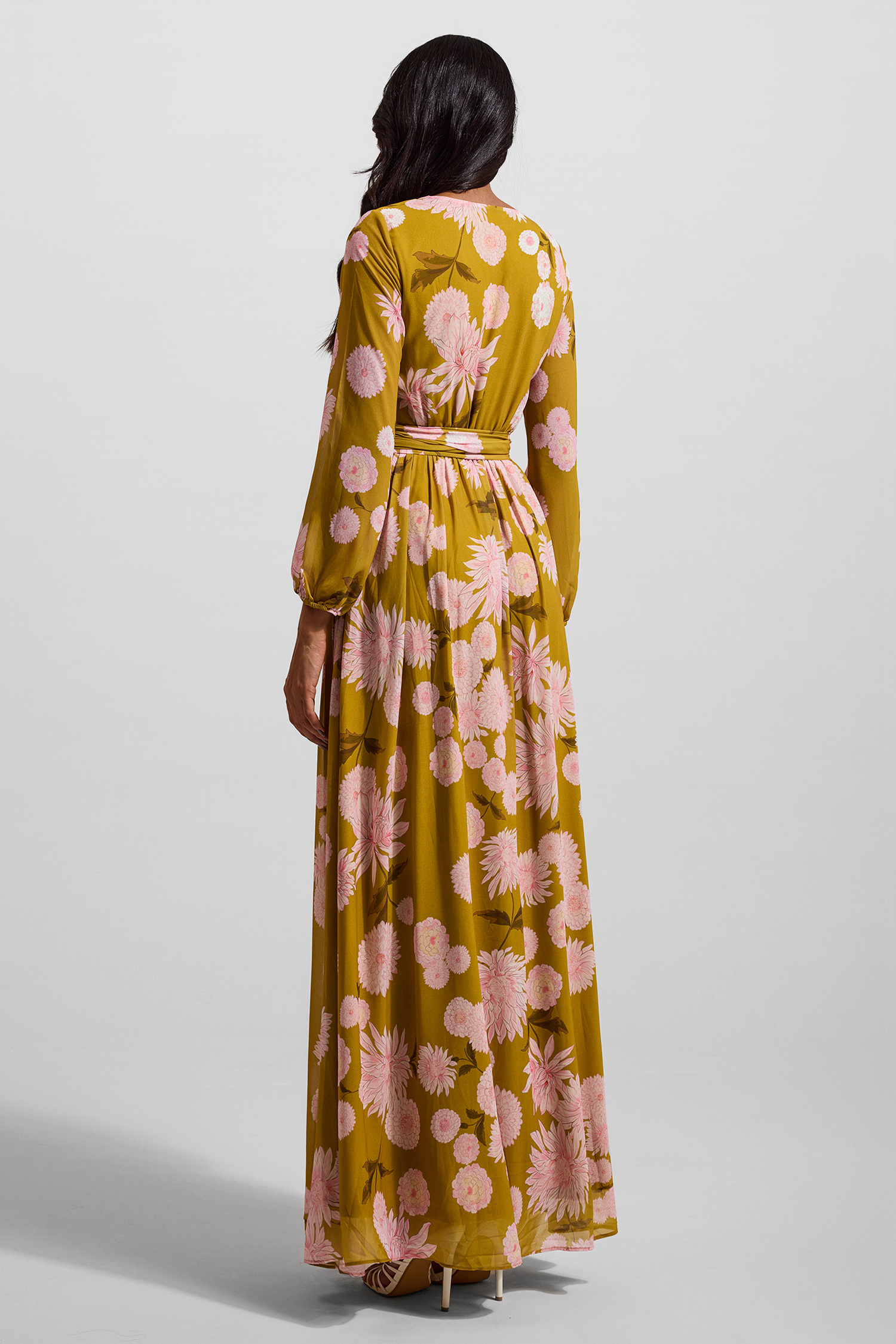 Floral Lace Up Puff Sleeve Maxi Dress