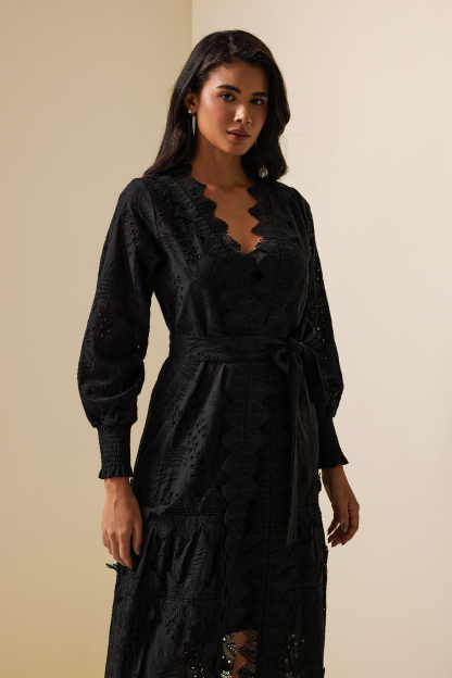Lace Lantern Sleeve Midi Dress With Belt