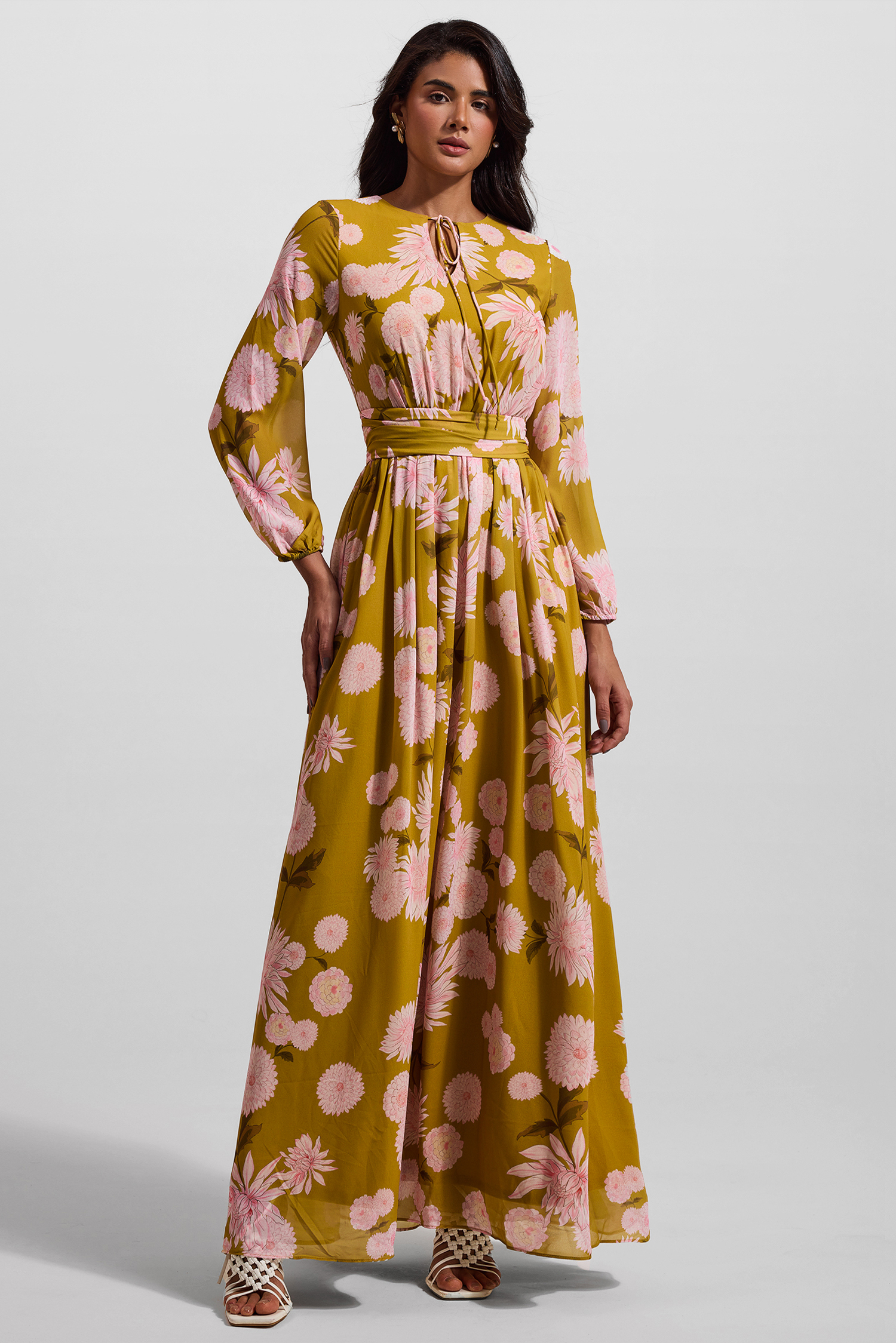 Floral Lace Up Puff Sleeve Maxi Dress