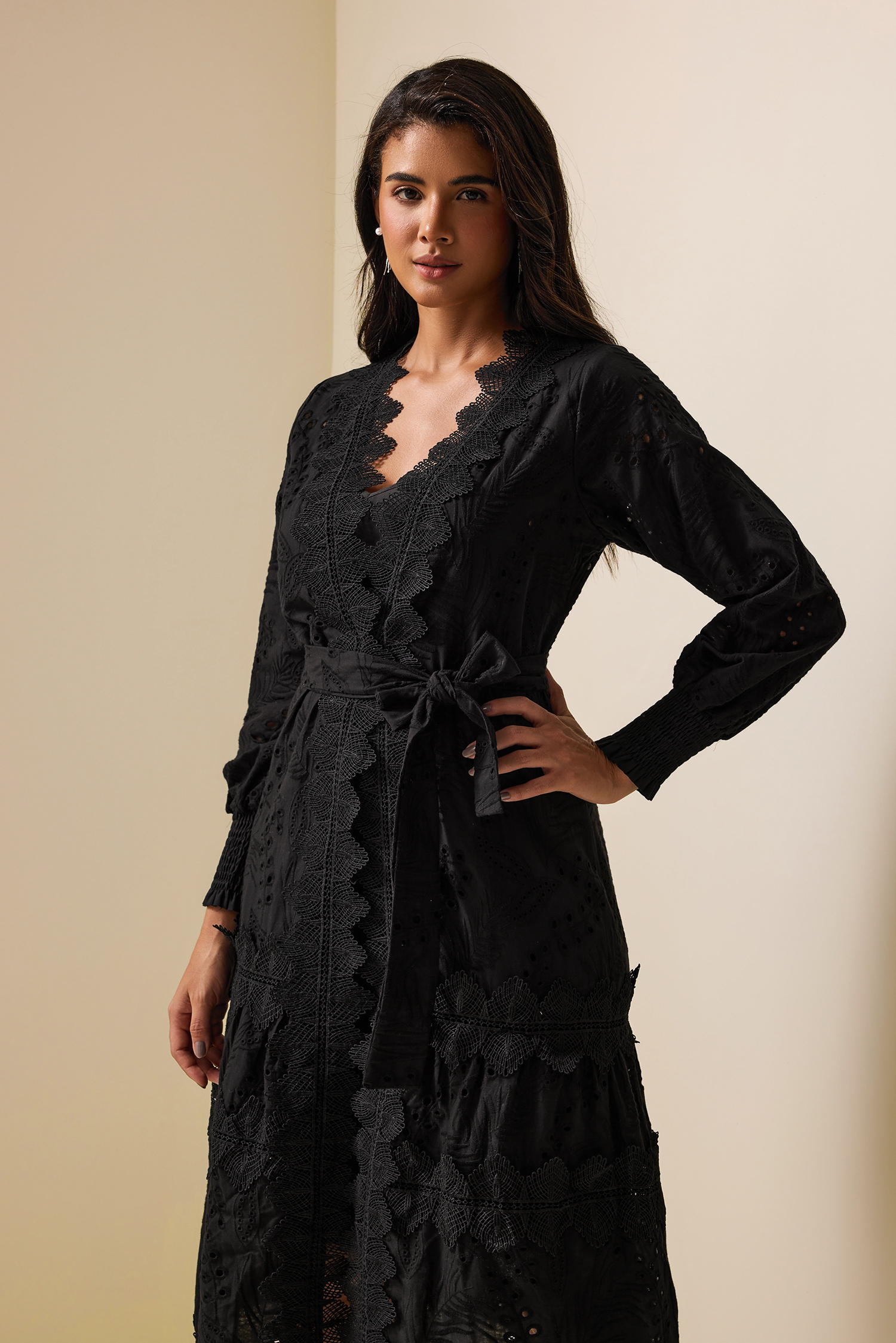 Lace Lantern Sleeve Midi Dress With Belt