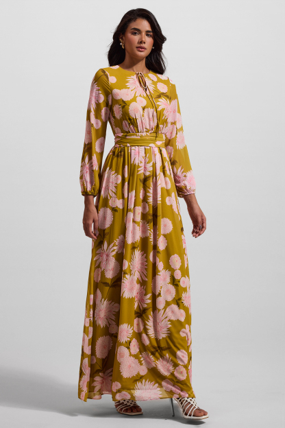 Floral Lace Up Puff Sleeve Maxi Dress