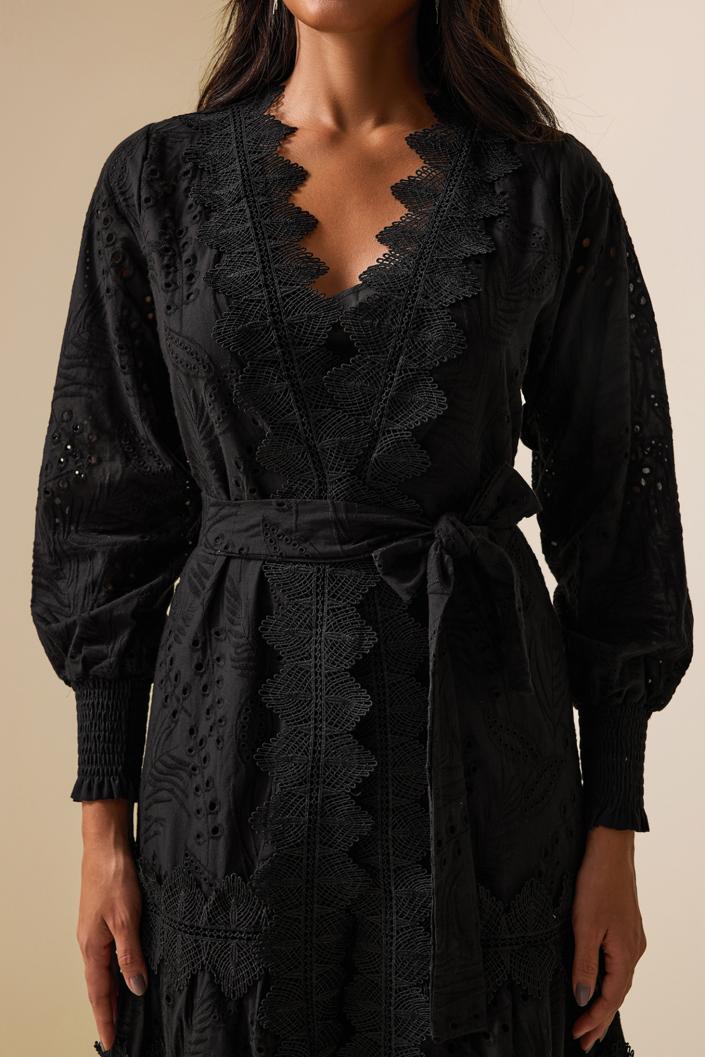 Lace Lantern Sleeve Midi Dress With Belt