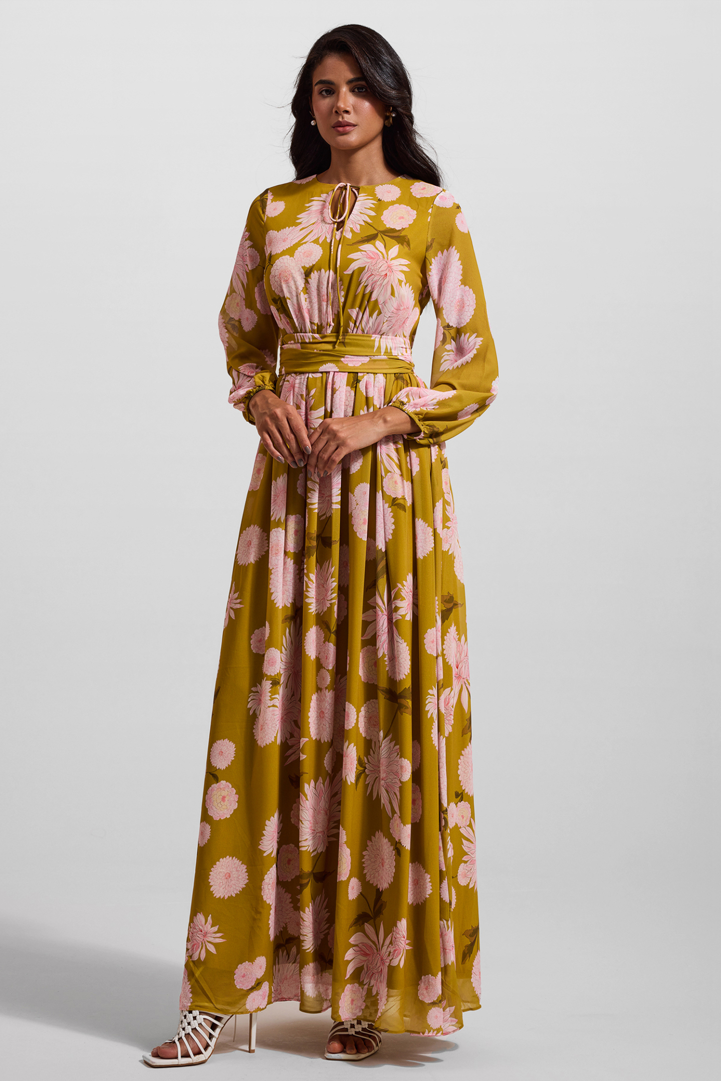 Floral Lace Up Puff Sleeve Maxi Dress