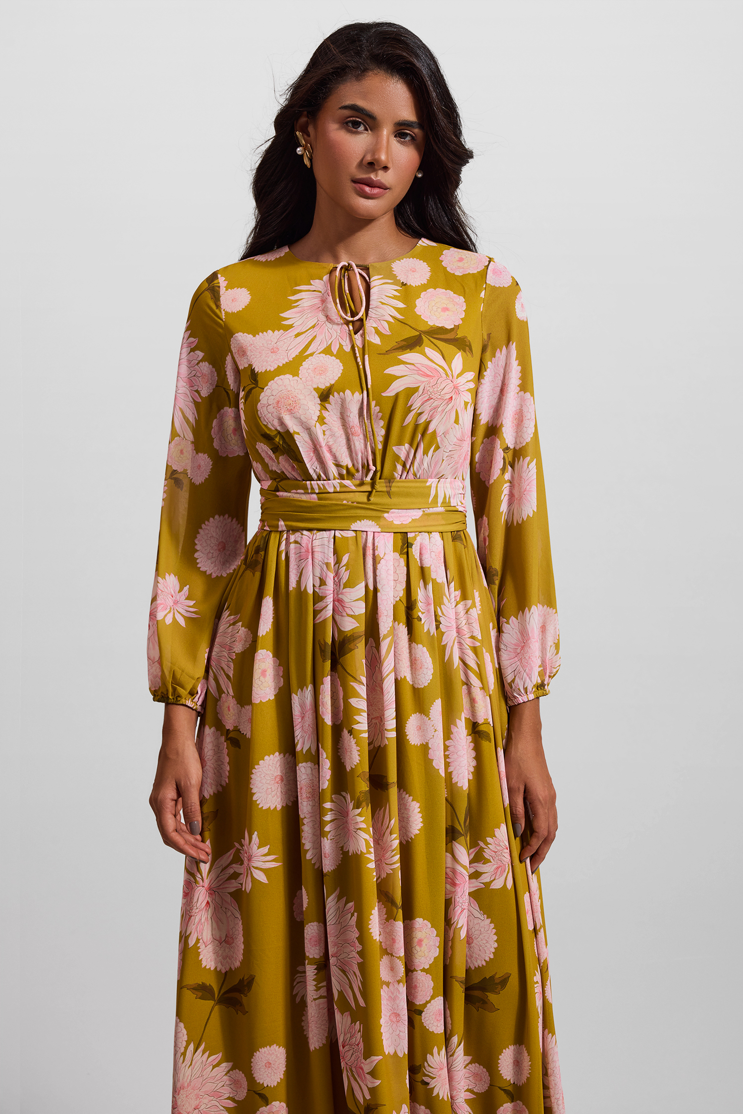 Floral Lace Up Puff Sleeve Maxi Dress