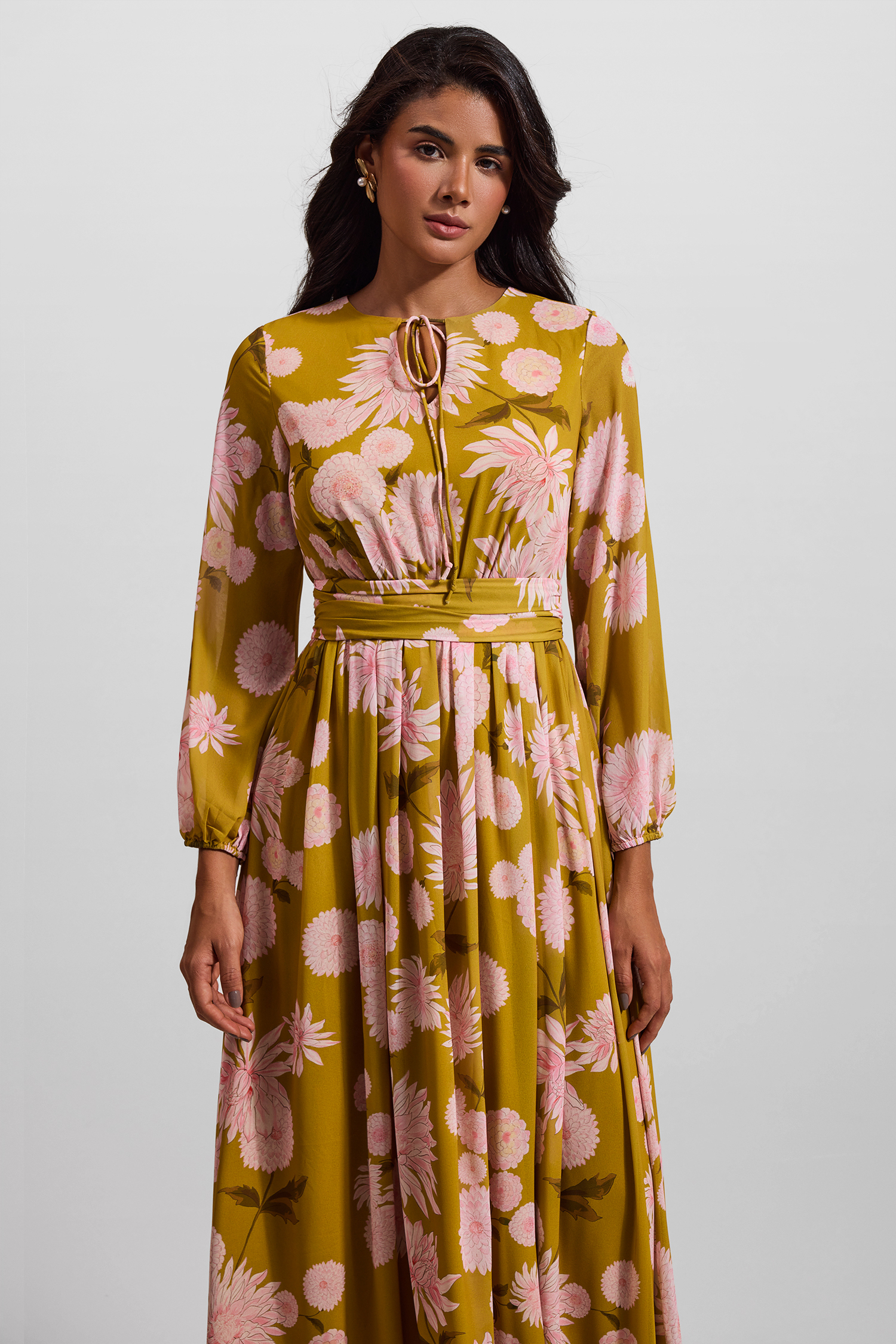 Floral Lace Up Puff Sleeve Maxi Dress