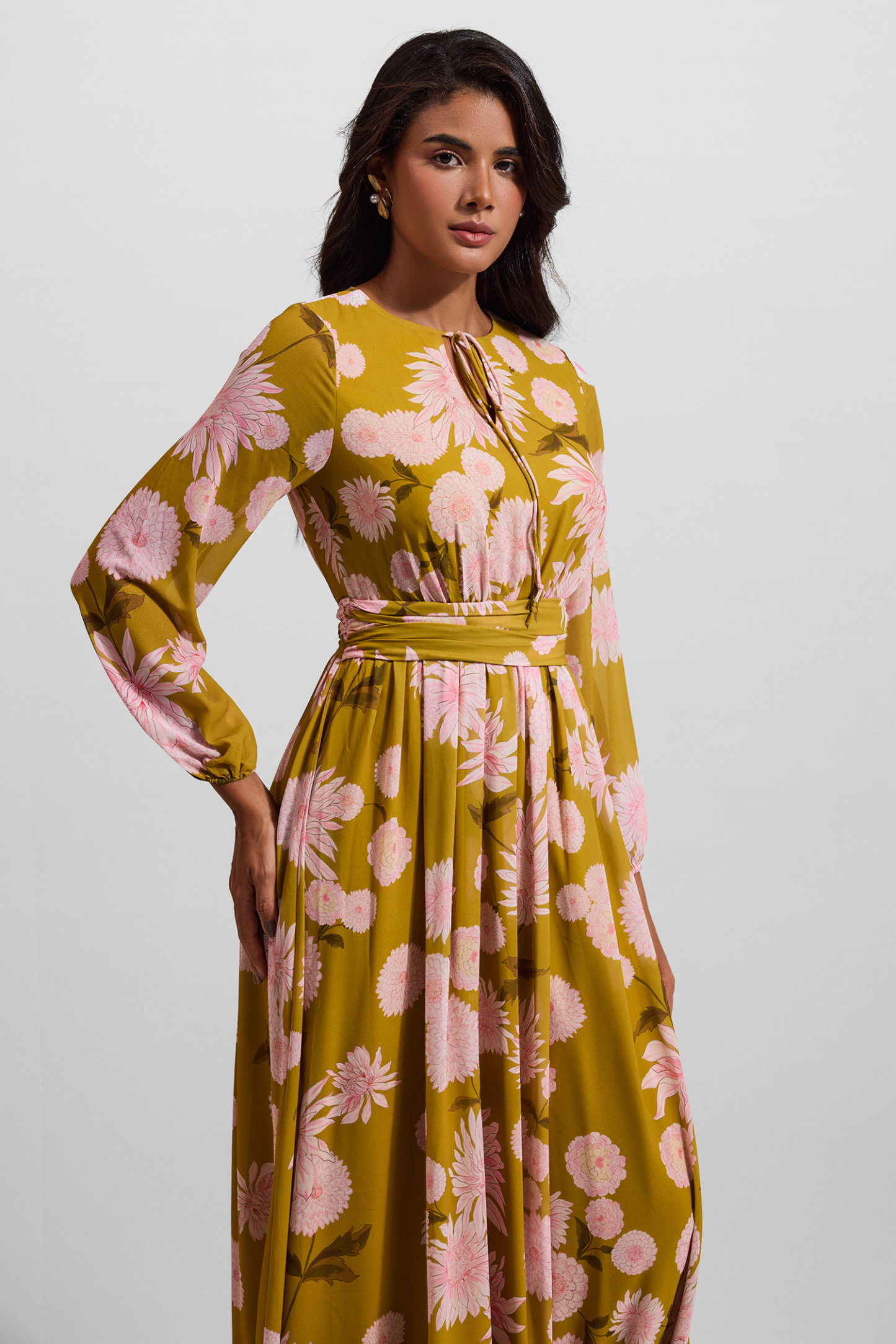 Floral Lace Up Puff Sleeve Maxi Dress