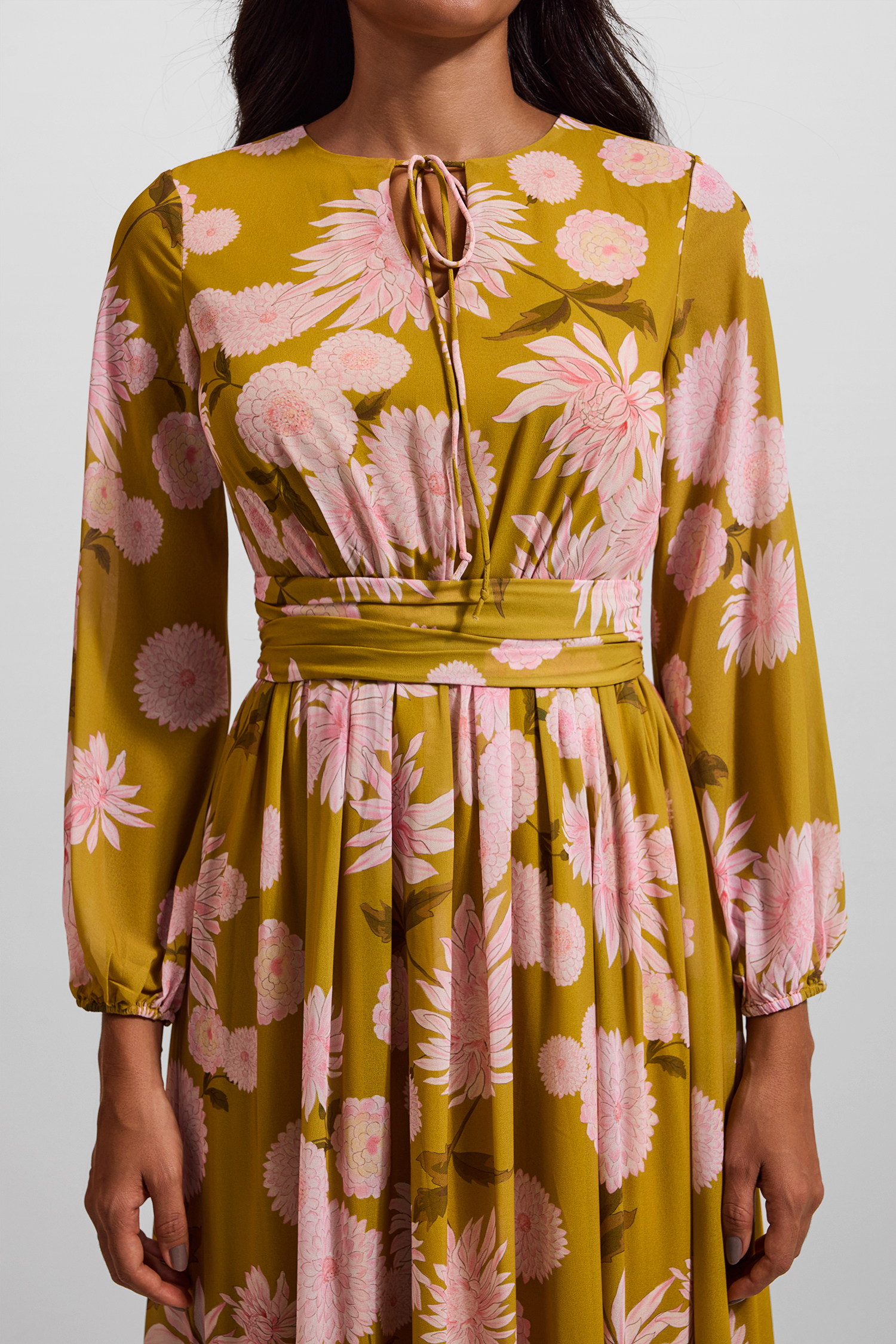 Floral Lace Up Puff Sleeve Maxi Dress