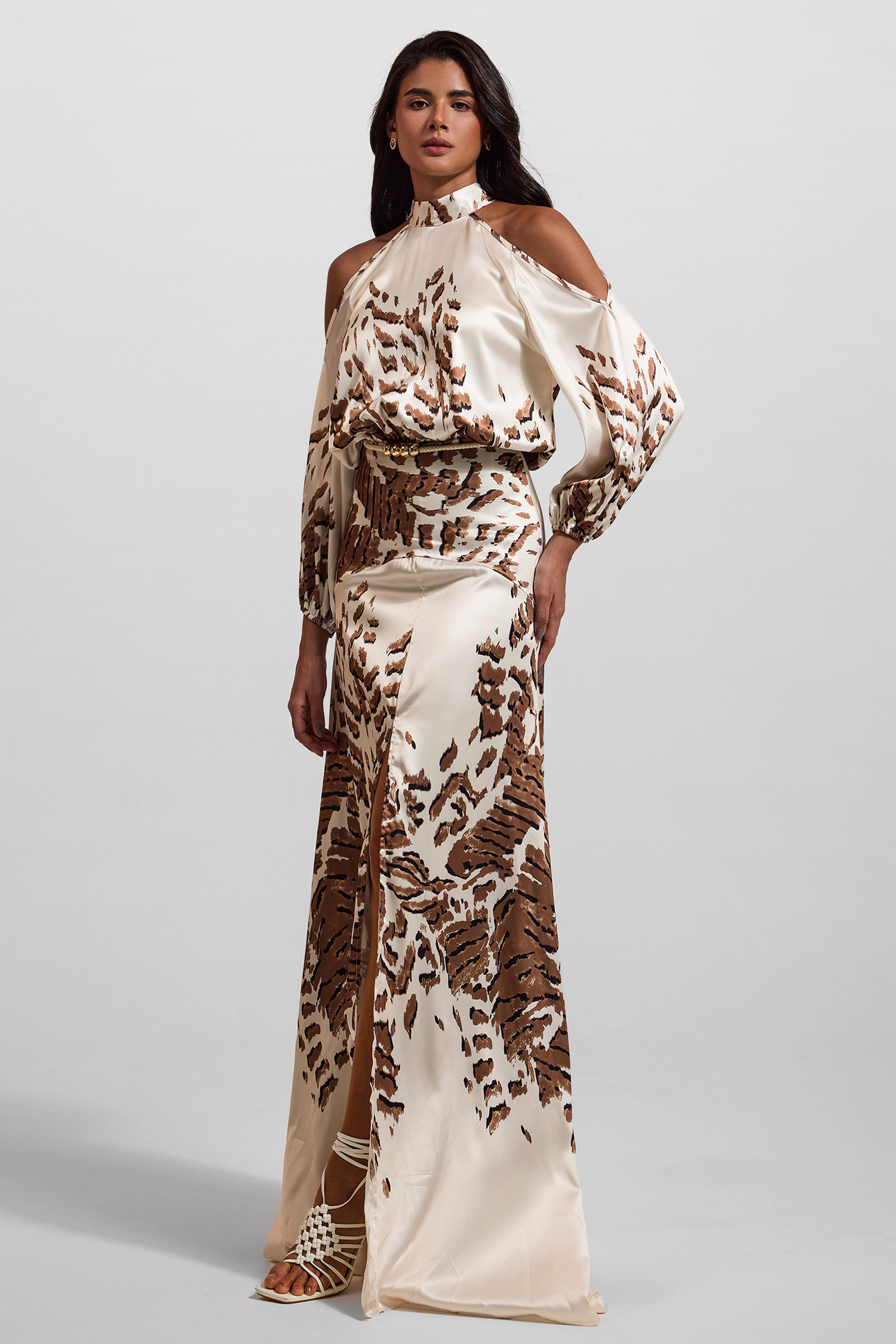 Abstract Print Cut-Out Puff Sleeve Maxi Dress