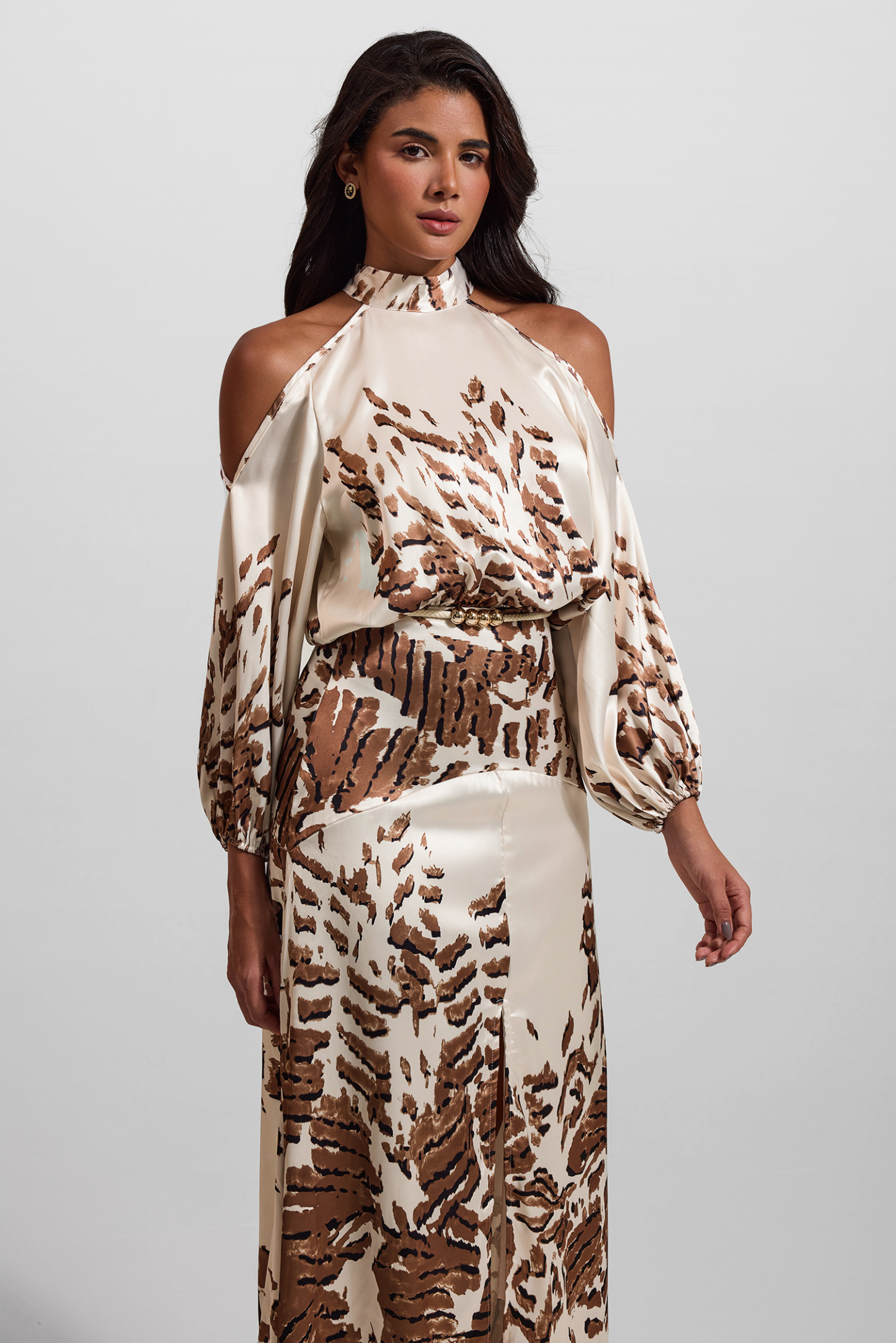 Abstract Print Cut-Out Puff Sleeve Maxi Dress