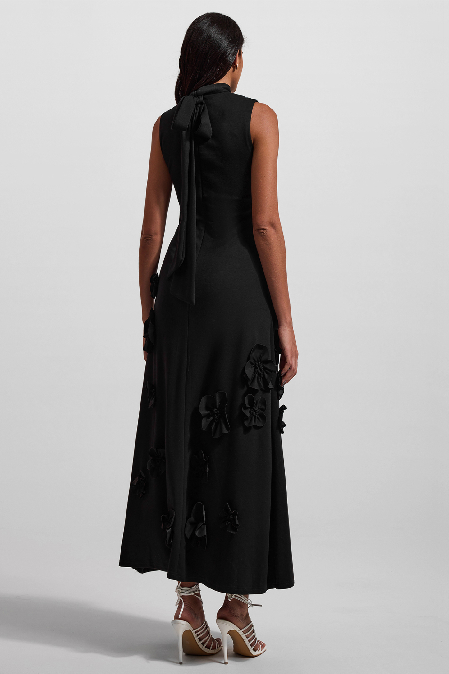 3D Floral High Neck Sleeveless Maxi Dress Black