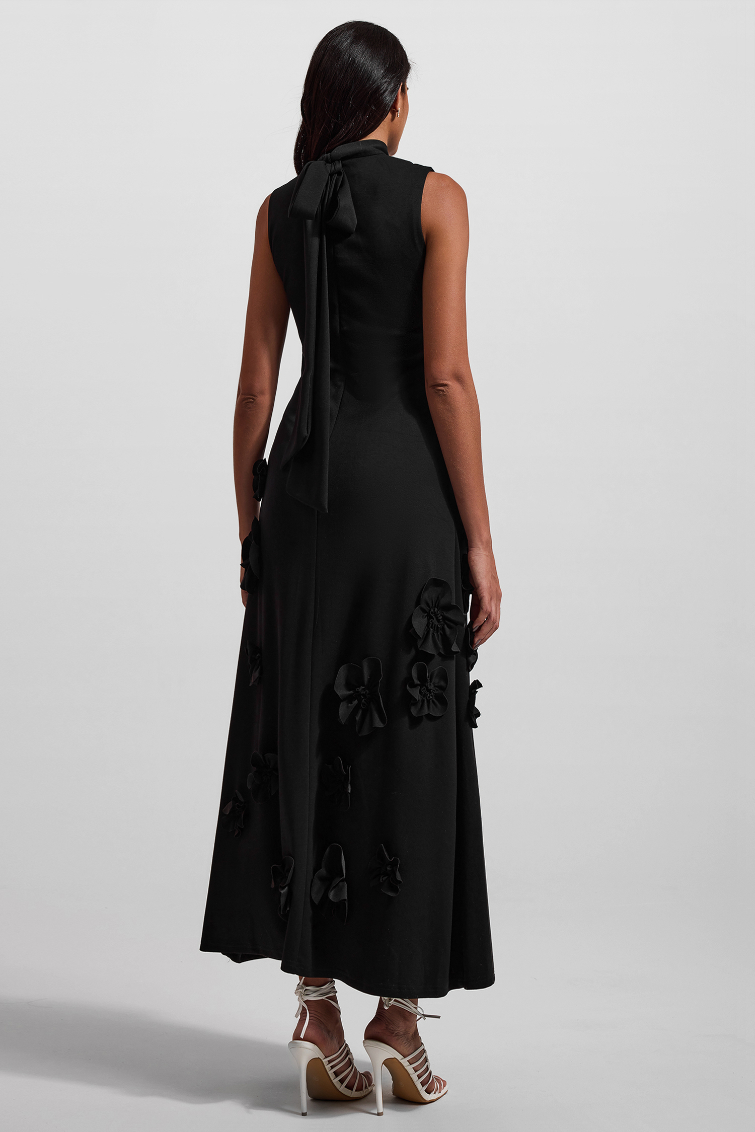 3D Floral High Neck Sleeveless Maxi Dress Black