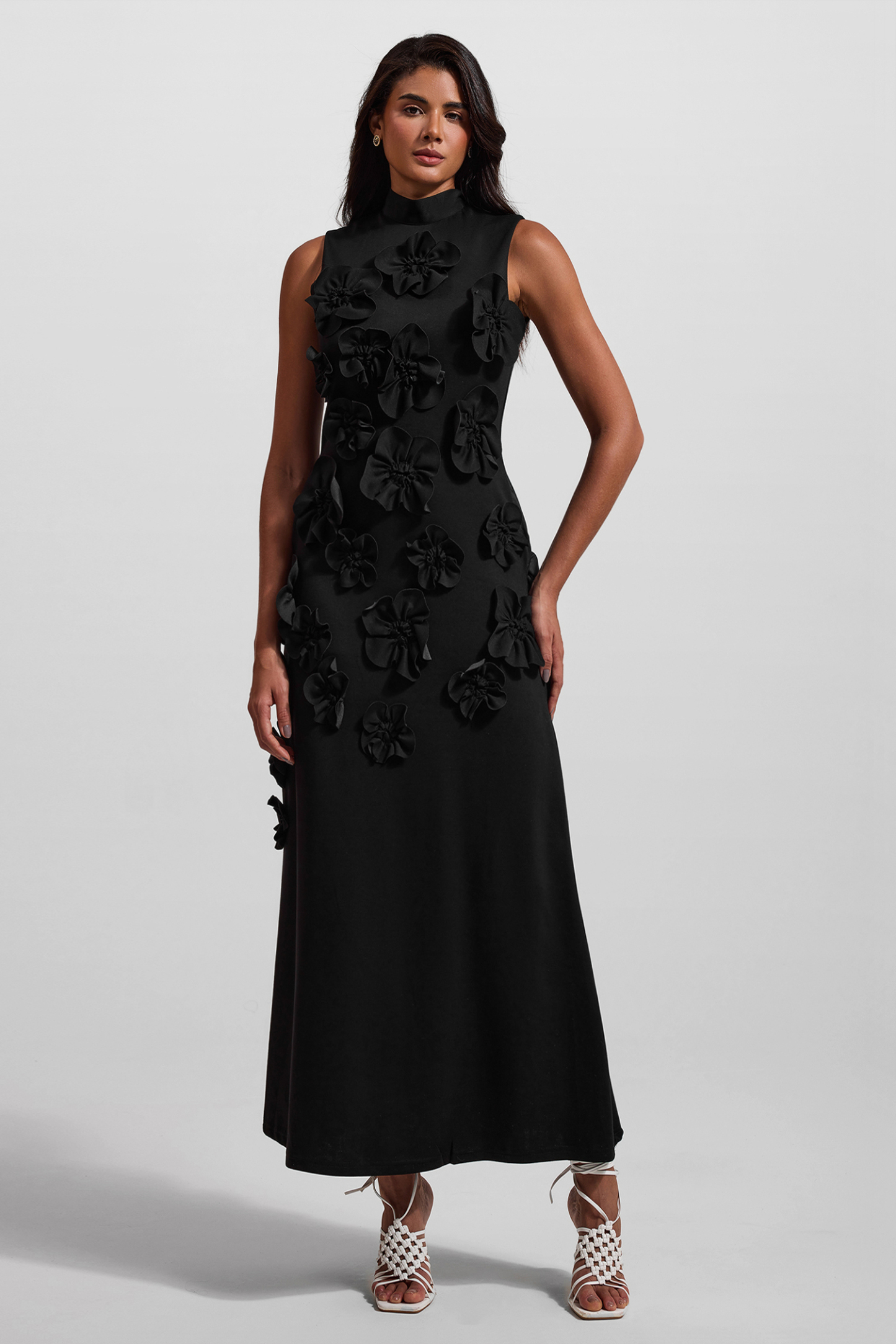 3D Floral High Neck Sleeveless Maxi Dress Black