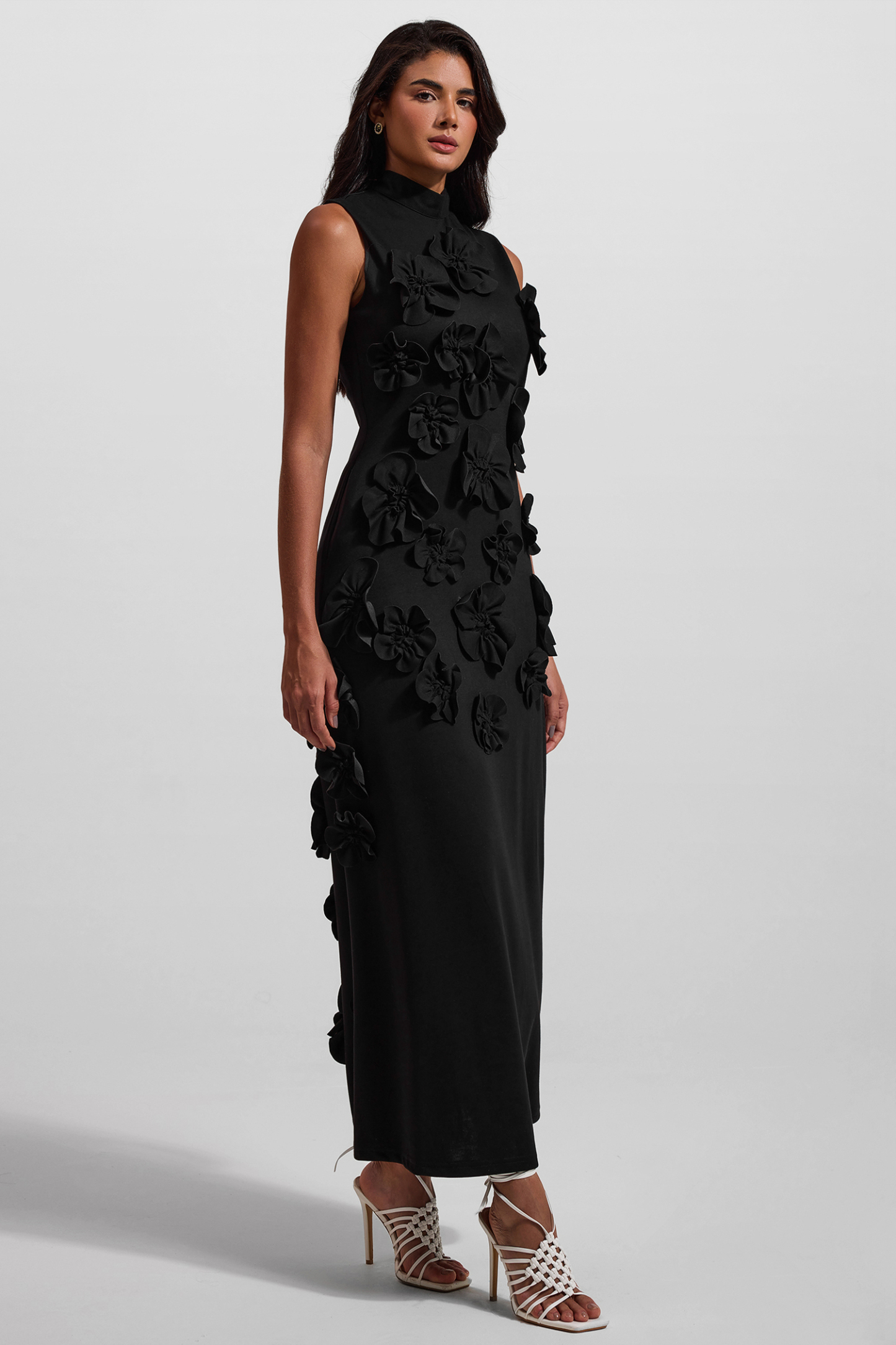 3D Floral High Neck Sleeveless Maxi Dress Black