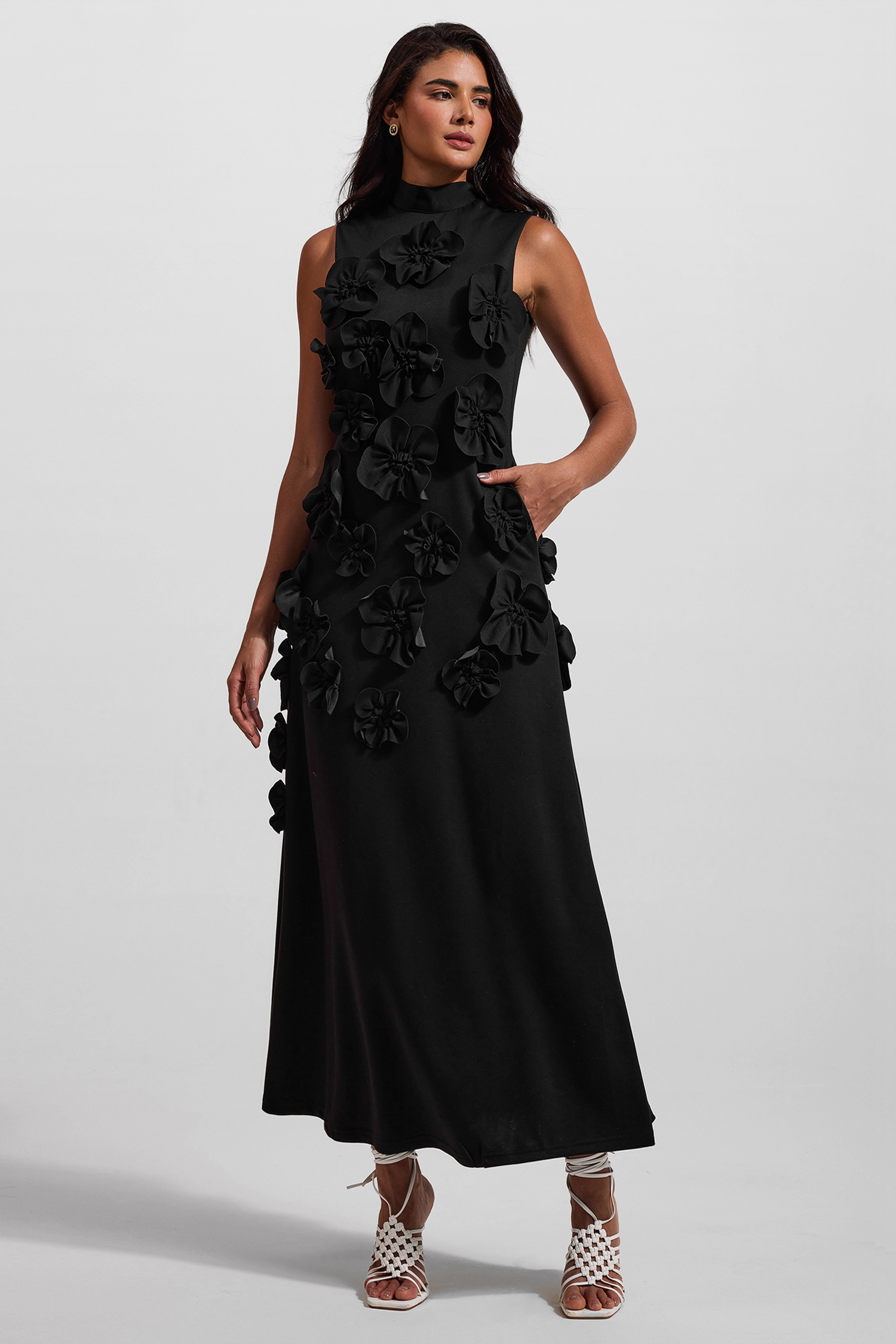 3D Floral High Neck Sleeveless Maxi Dress Black