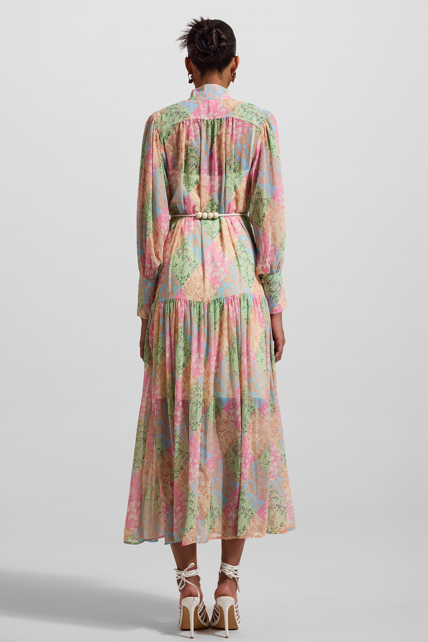 Floral Lantern Sleeve Stand Collar Midi Dress