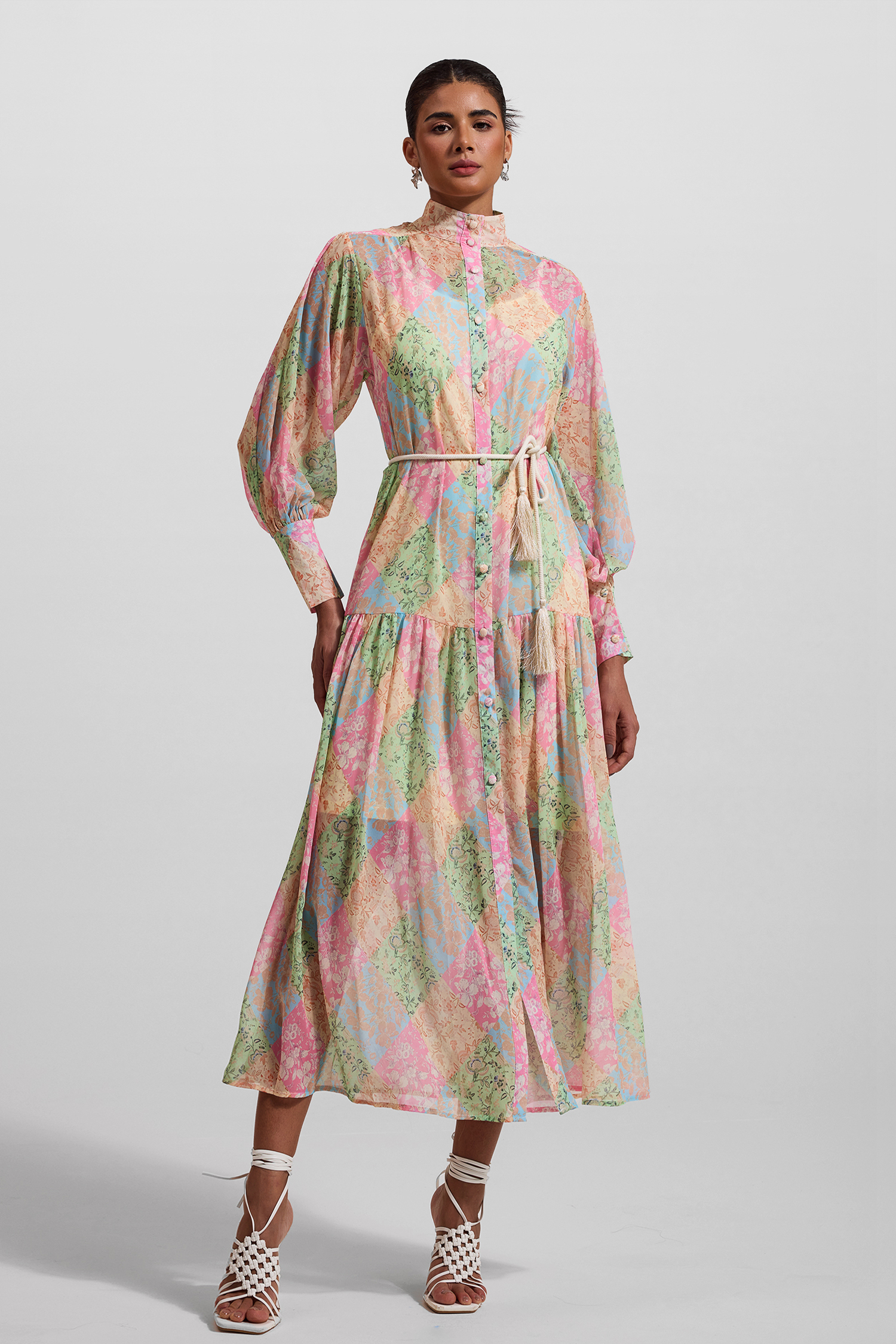 Floral Lantern Sleeve Stand Collar Midi Dress