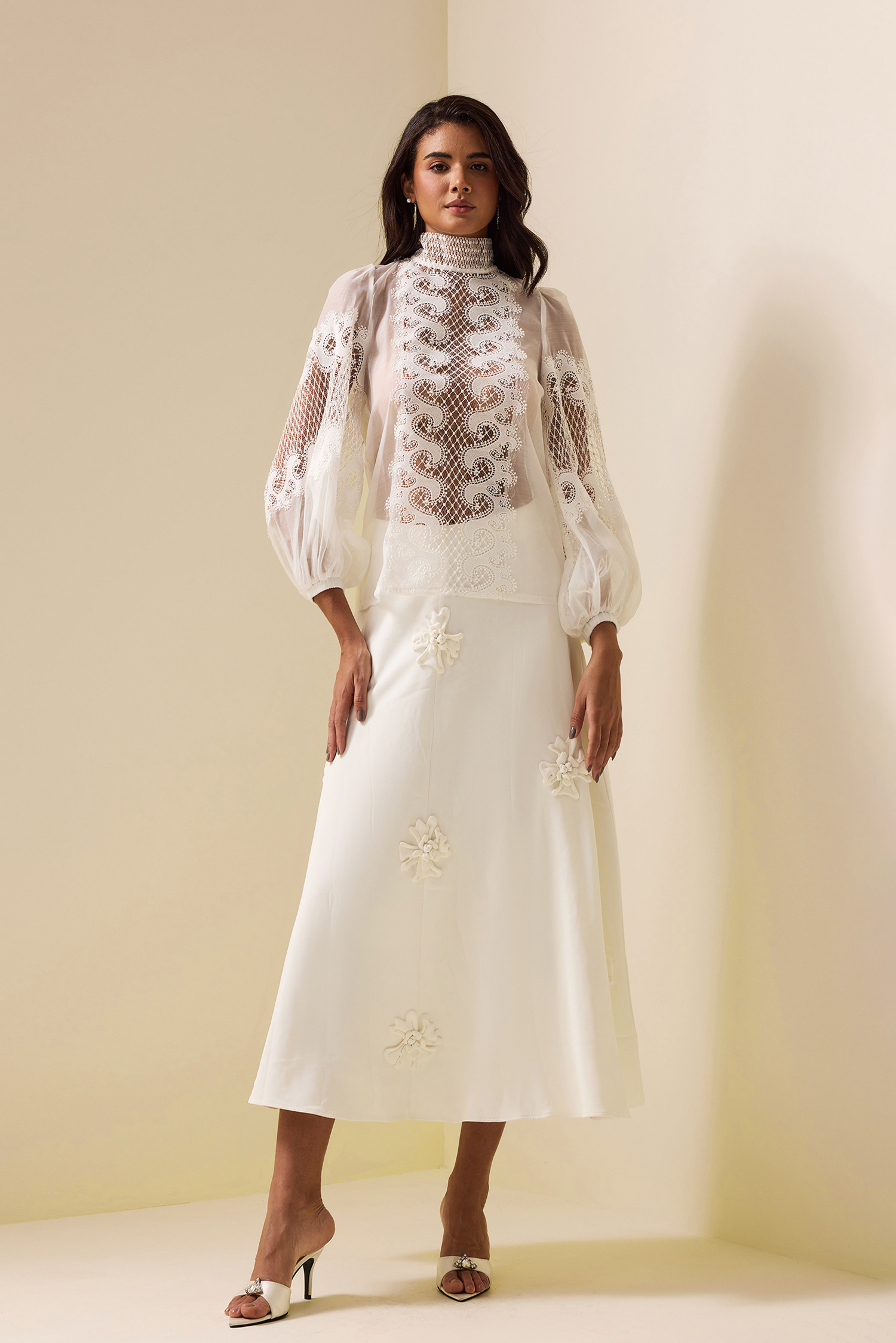 Lace Long Sleeve High Neckline Top